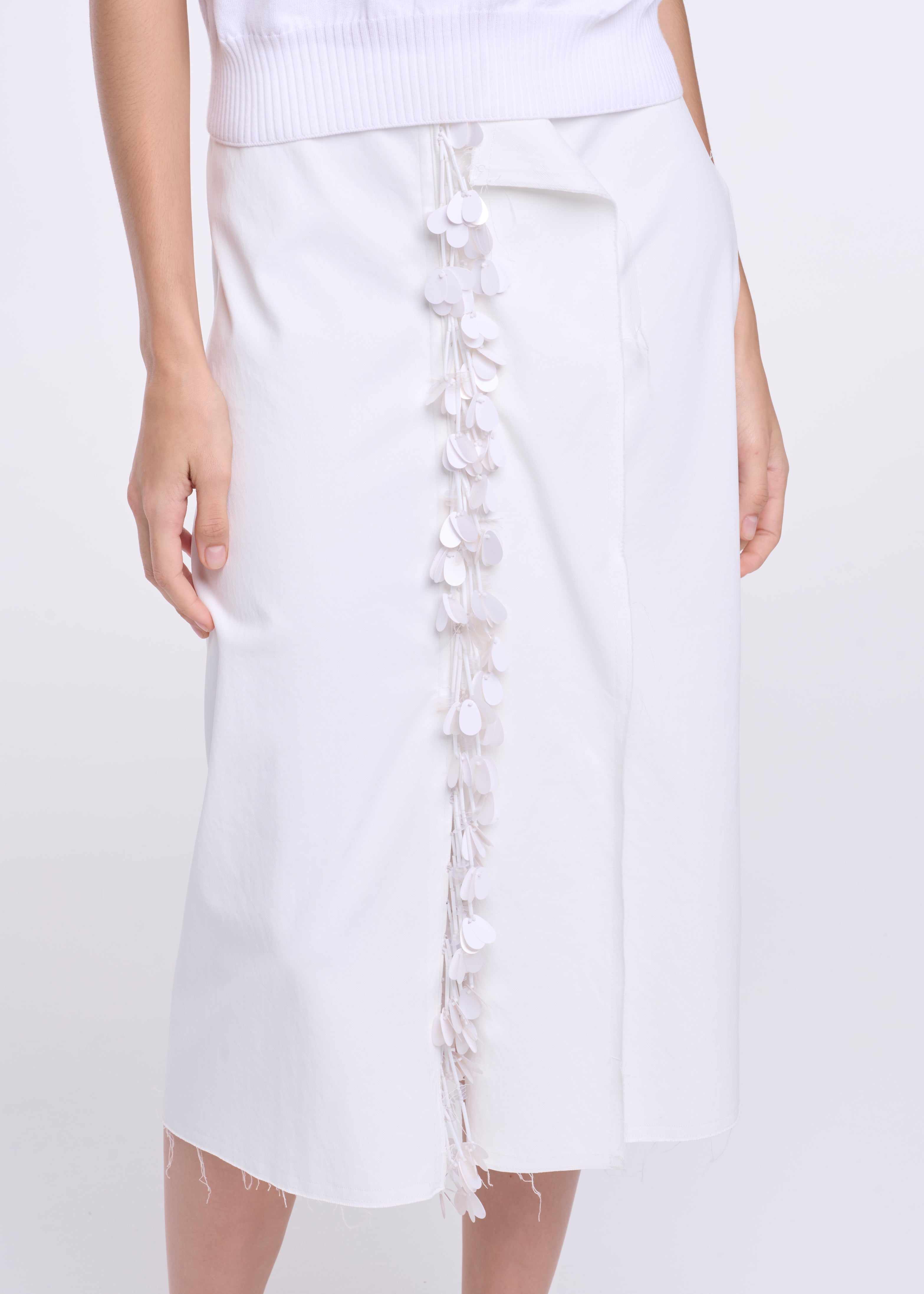 WHITE CHALK MIDI SKIRT WITH SEQUIN EMRBOIDERY