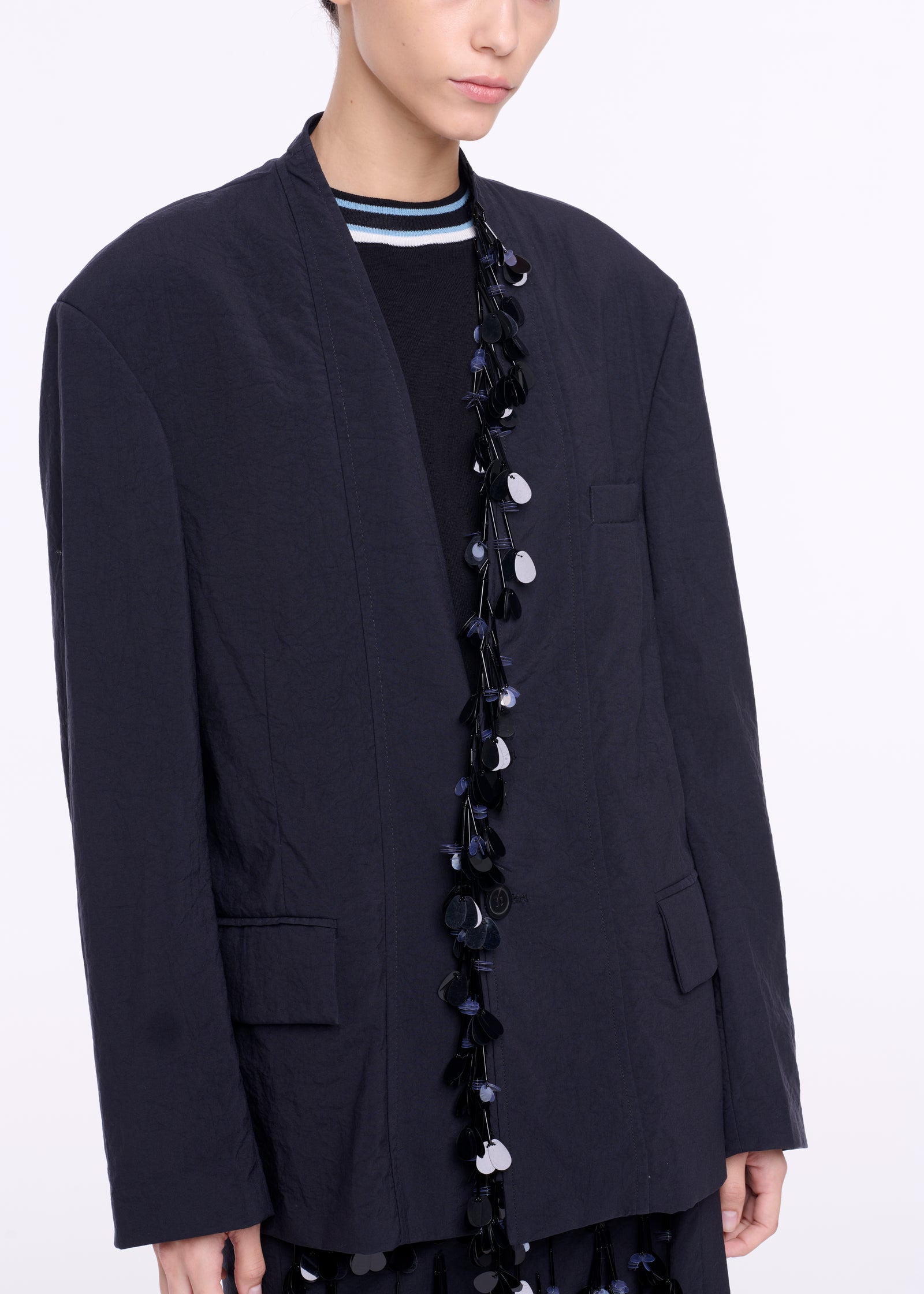 BLACK TECHNICAL PANAMA BLAZER WITH SEQUIN EMBROIDERY