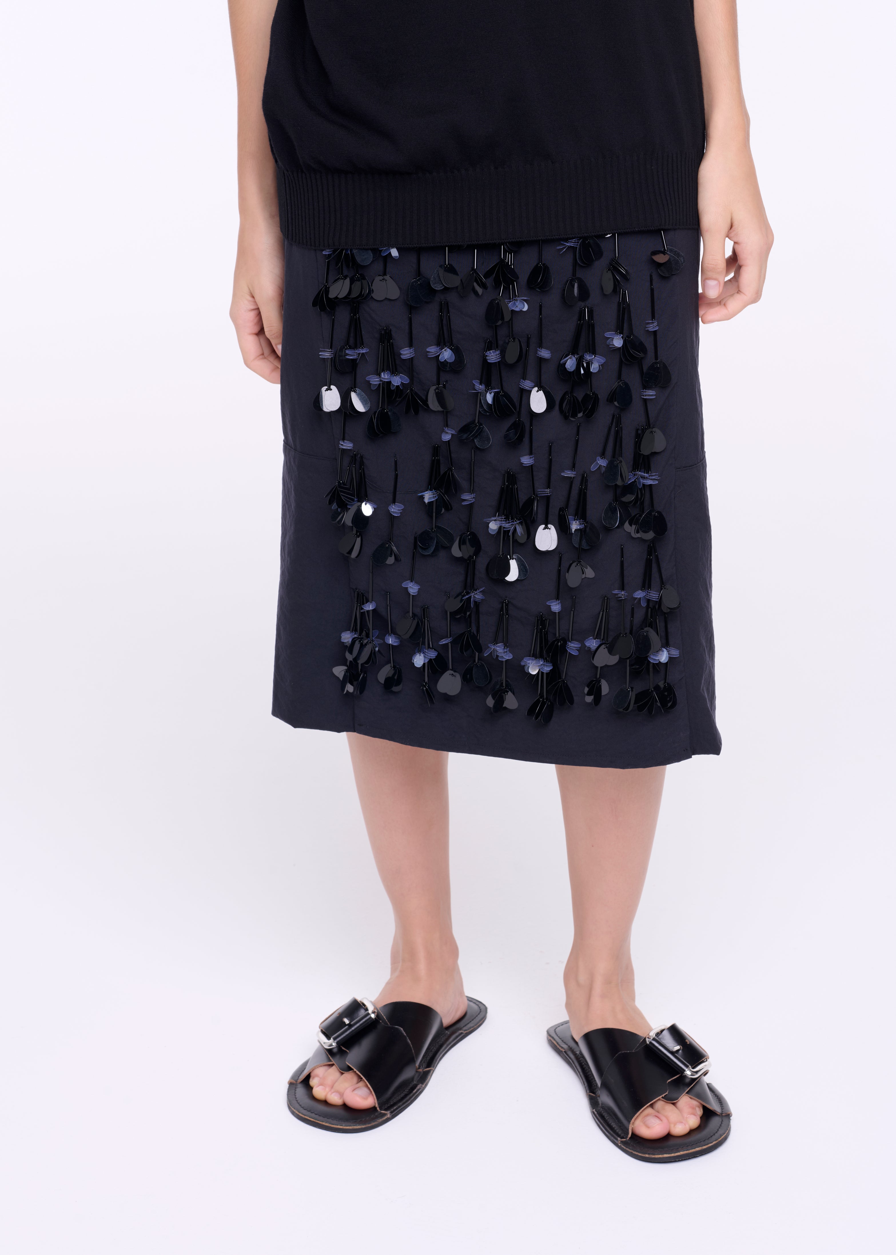 BLACK TECHNICAL PANAMA MIDI SKIRT WITH SEQUIN EMBROIDERY