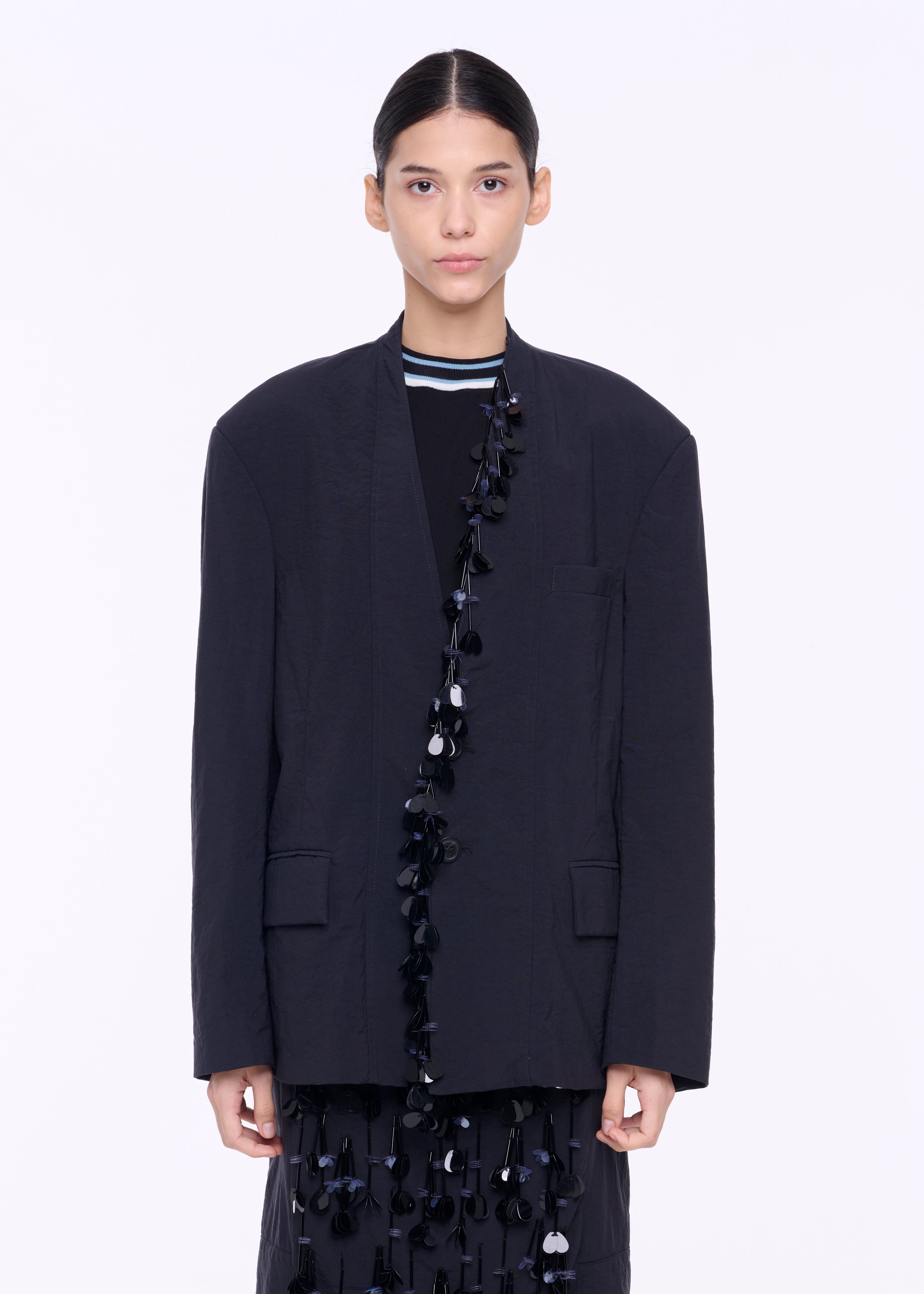 BLACK TECHNICAL PANAMA BLAZER WITH SEQUIN EMBROIDERY