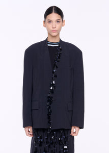 BLACK TECHNICAL PANAMA BLAZER WITH SEQUIN EMBROIDERY