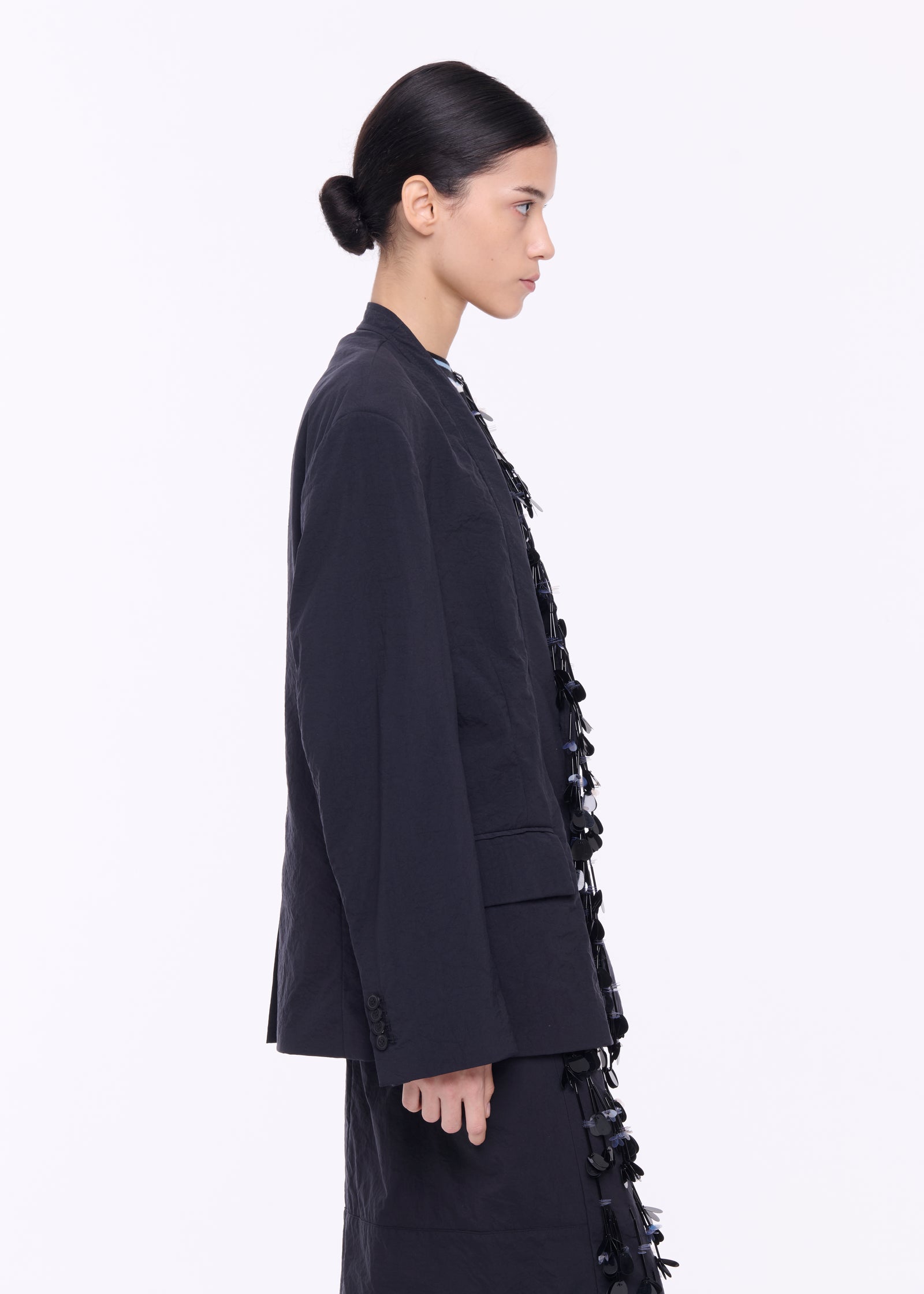 BLACK TECHNICAL PANAMA BLAZER WITH SEQUIN EMBROIDERY