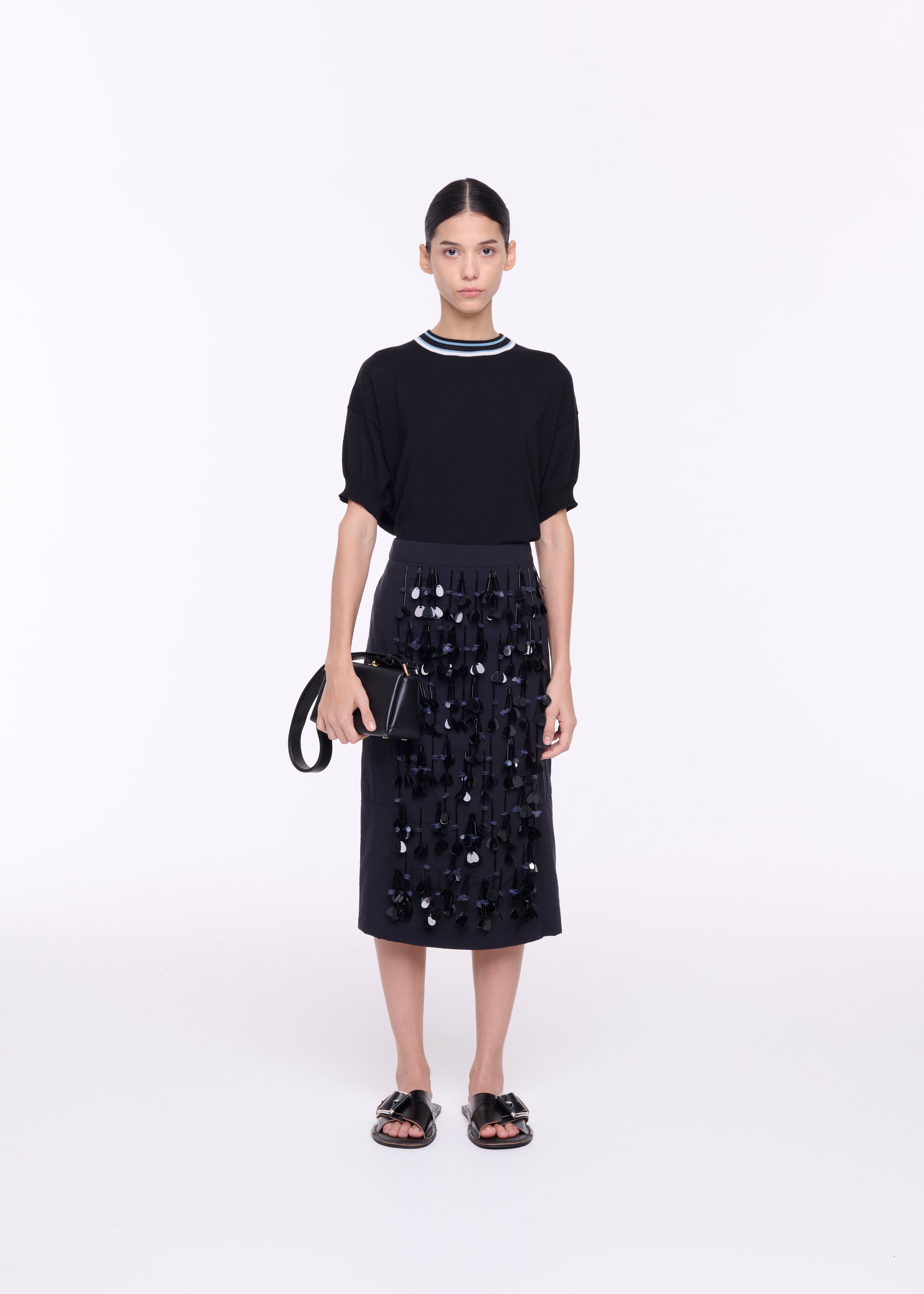 BLACK TECHNICAL PANAMA MIDI SKIRT WITH SEQUIN EMBROIDERY