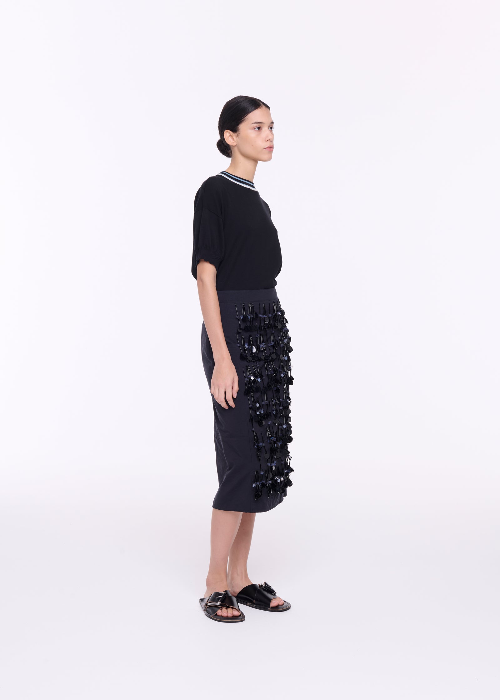 BLACK TECHNICAL PANAMA MIDI SKIRT WITH SEQUIN EMBROIDERY