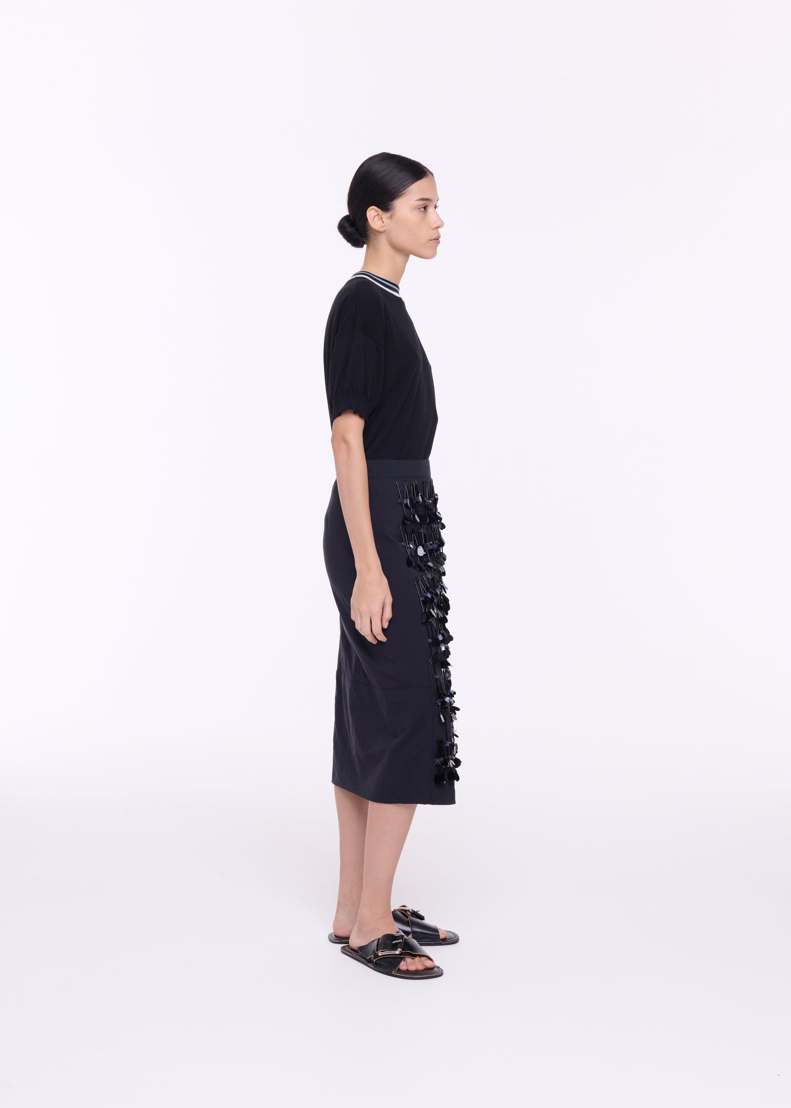 BLACK TECHNICAL PANAMA MIDI SKIRT WITH SEQUIN EMBROIDERY