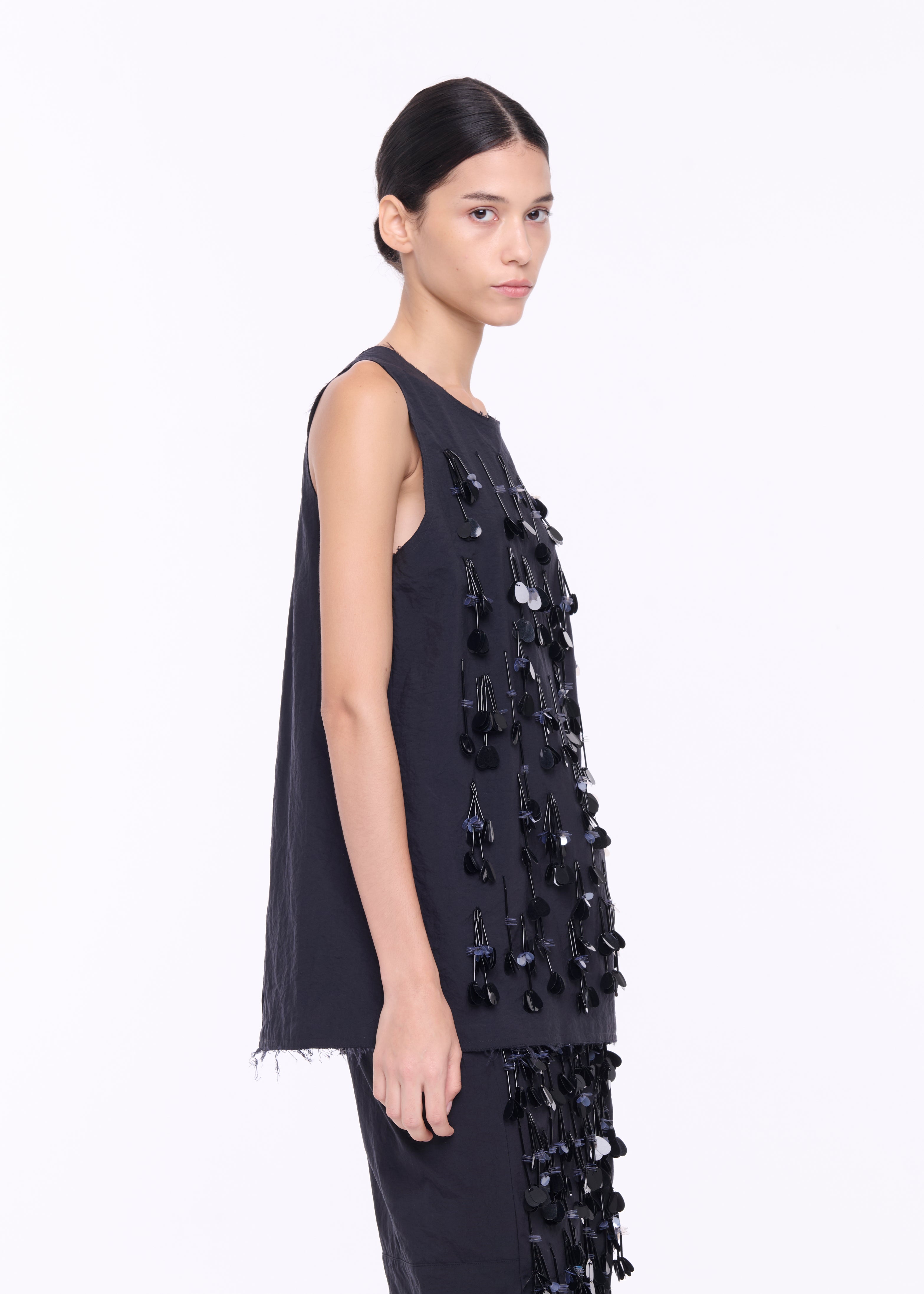 BLACK TECHNICAL PANAMA TOP WITH SEQUIN EMBROIDERY