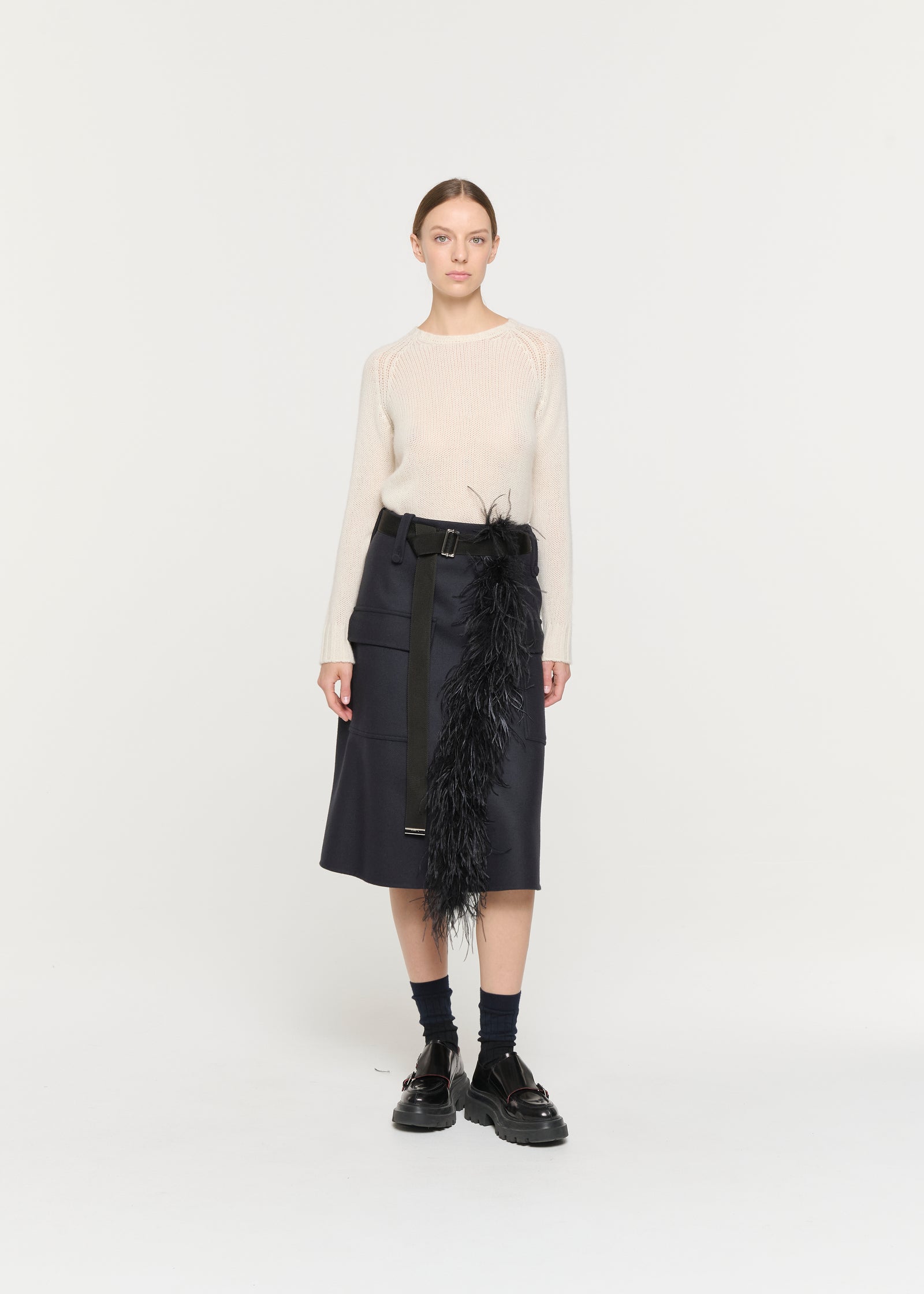 BLUE BLACK WOOL MIDI SKIRT WITH FEATHER INSERT