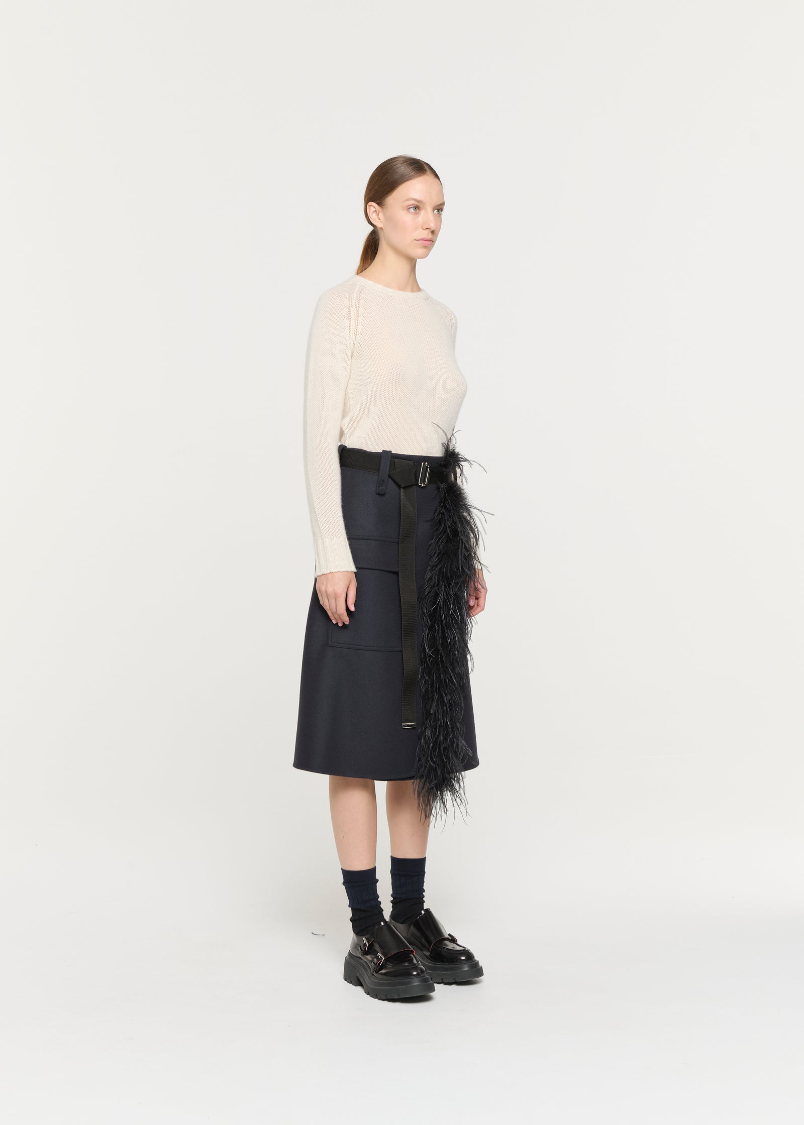 BLUE BLACK WOOL MIDI SKIRT WITH FEATHER INSERT