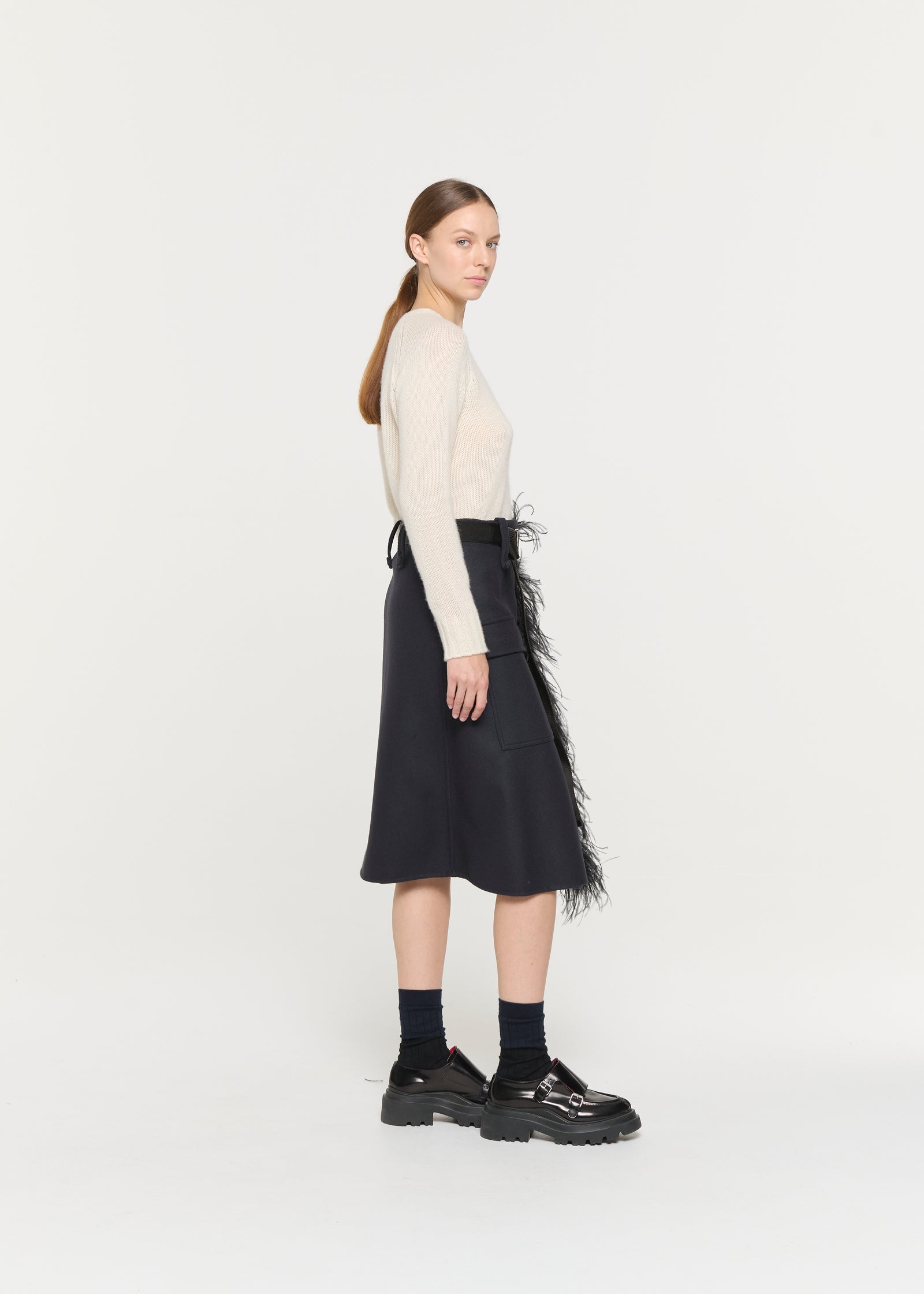 BLUE BLACK WOOL MIDI SKIRT WITH FEATHER INSERT