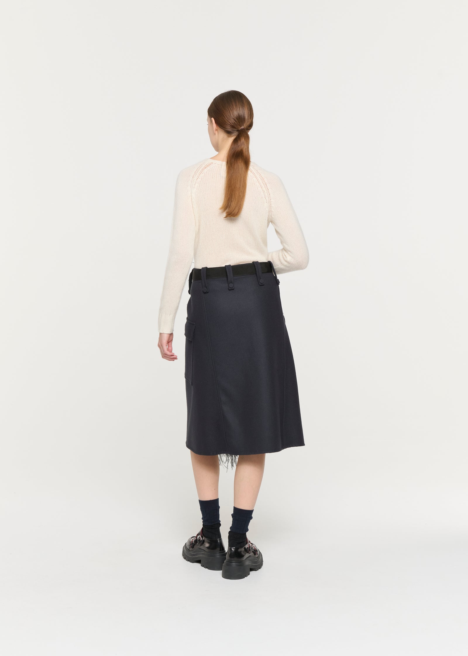 BLUE BLACK WOOL MIDI SKIRT WITH FEATHER INSERT