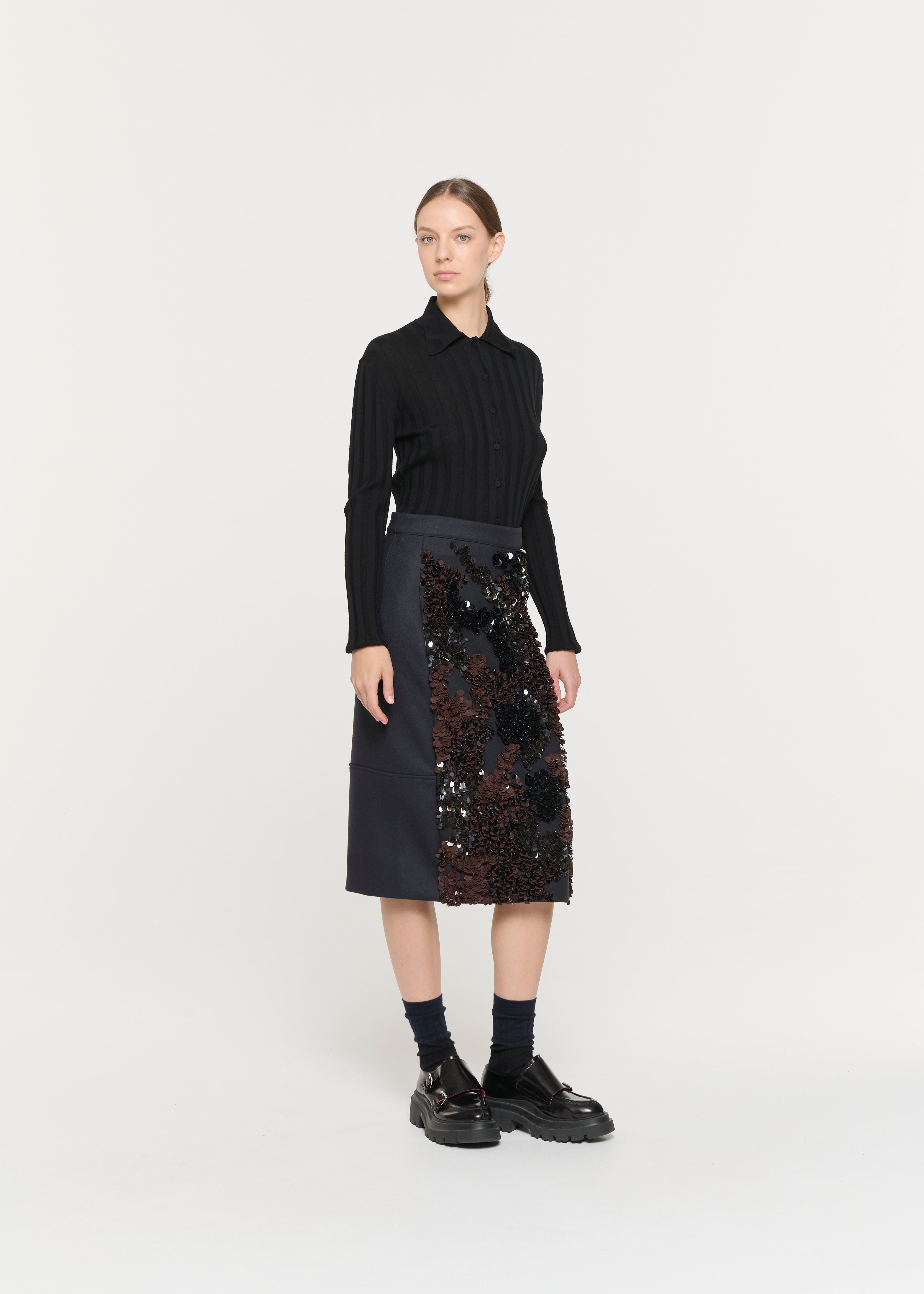 BLUE BLACK WOOL MIDI SKIRT WITH SEQUINS