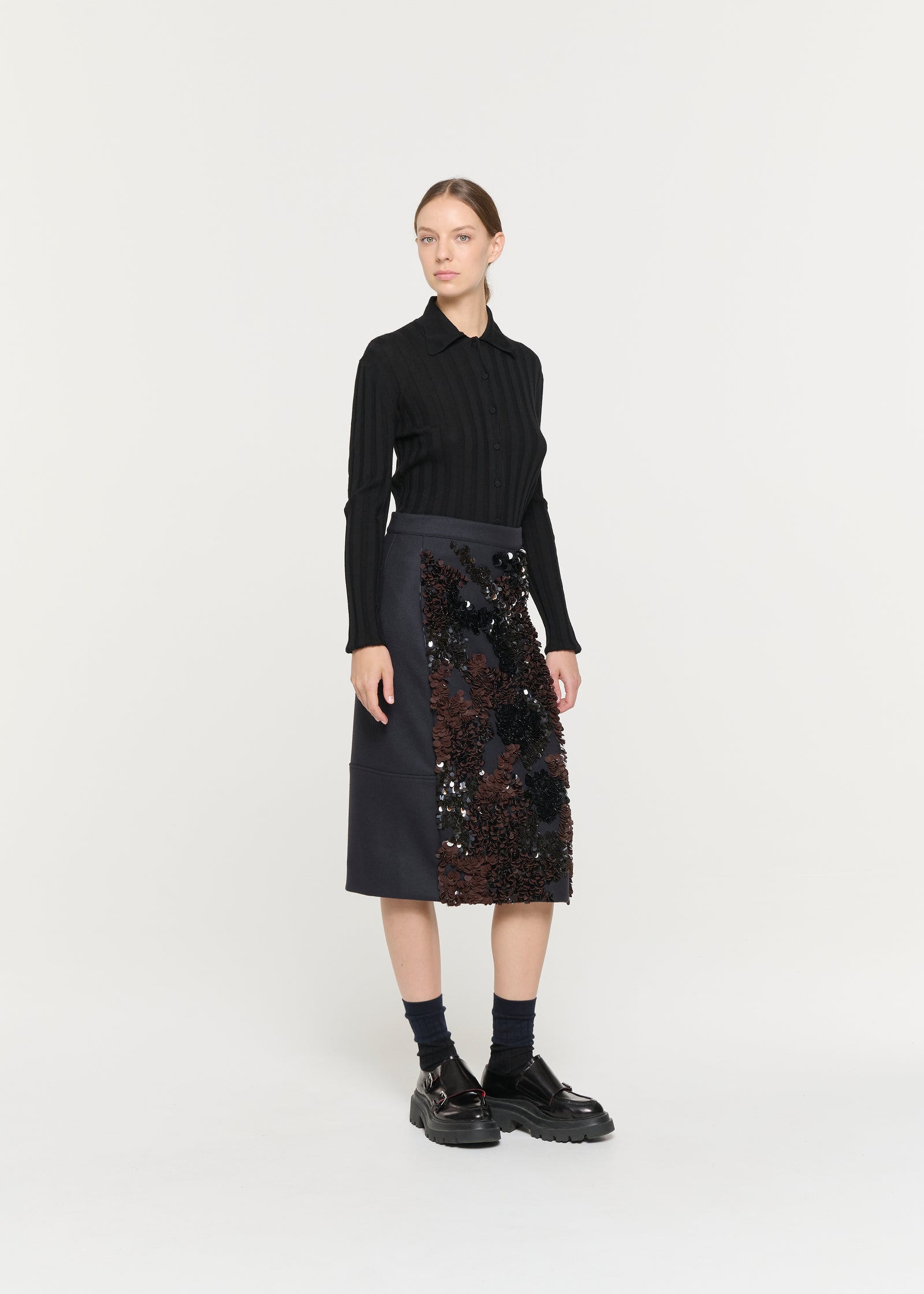 BLUE BLACK WOOL MIDI SKIRT WITH SEQUINS