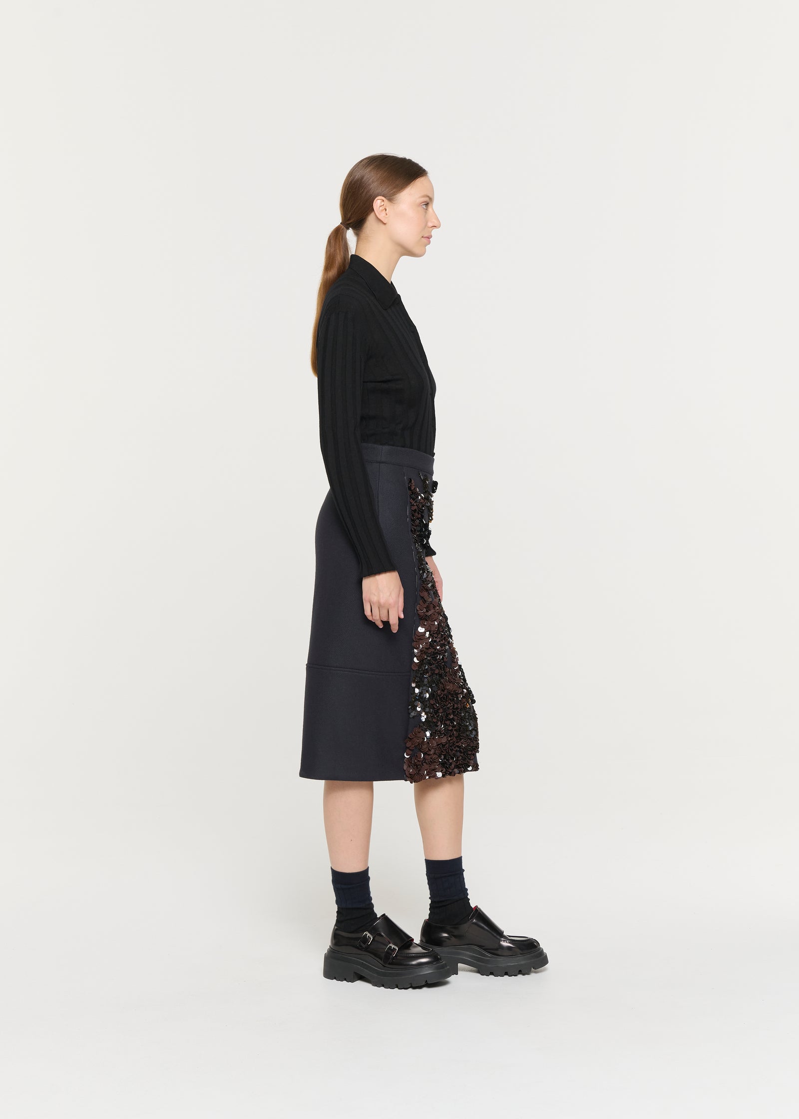 BLUE BLACK WOOL MIDI SKIRT WITH SEQUINS
