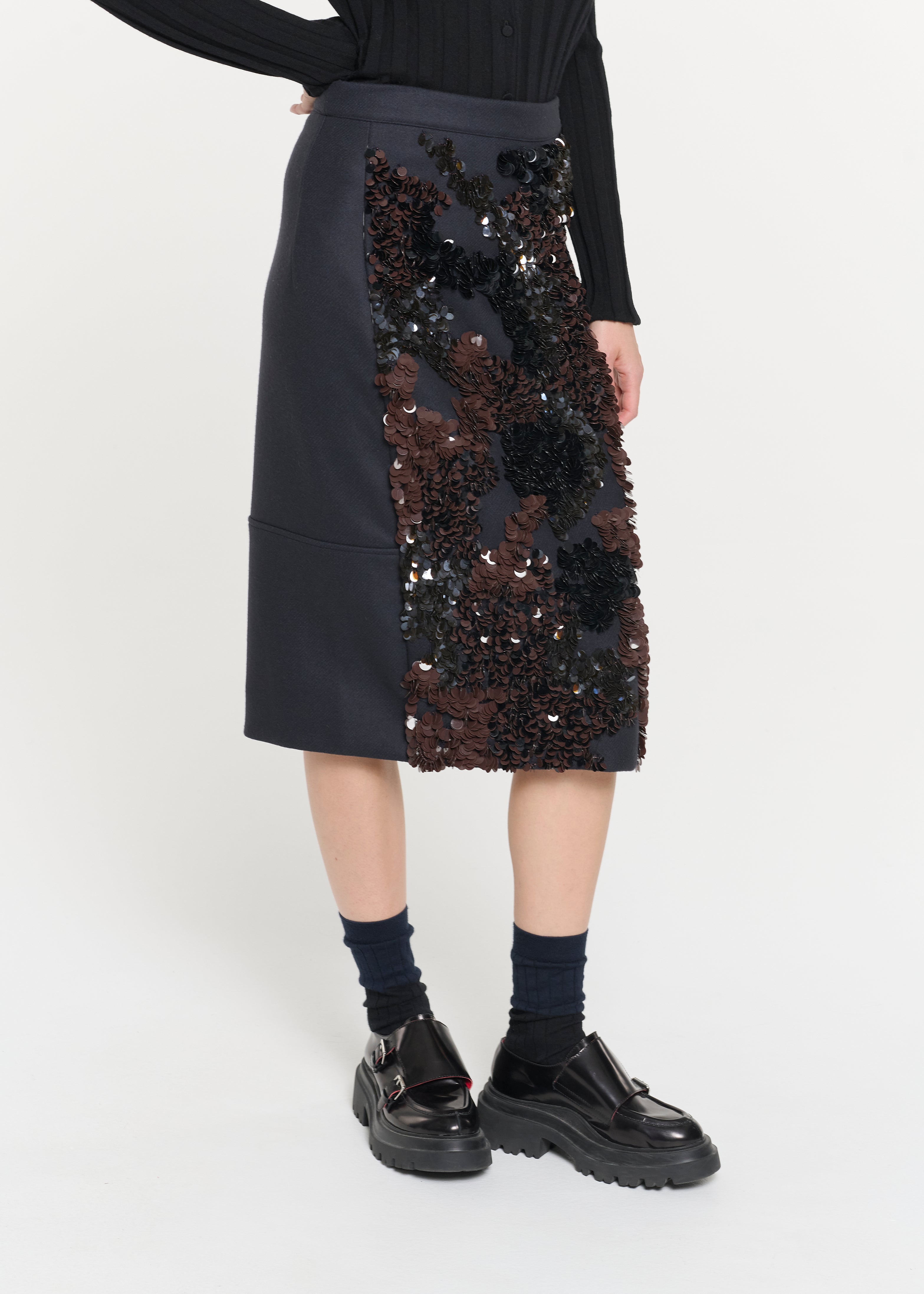 BLUE BLACK WOOL MIDI SKIRT WITH SEQUINS