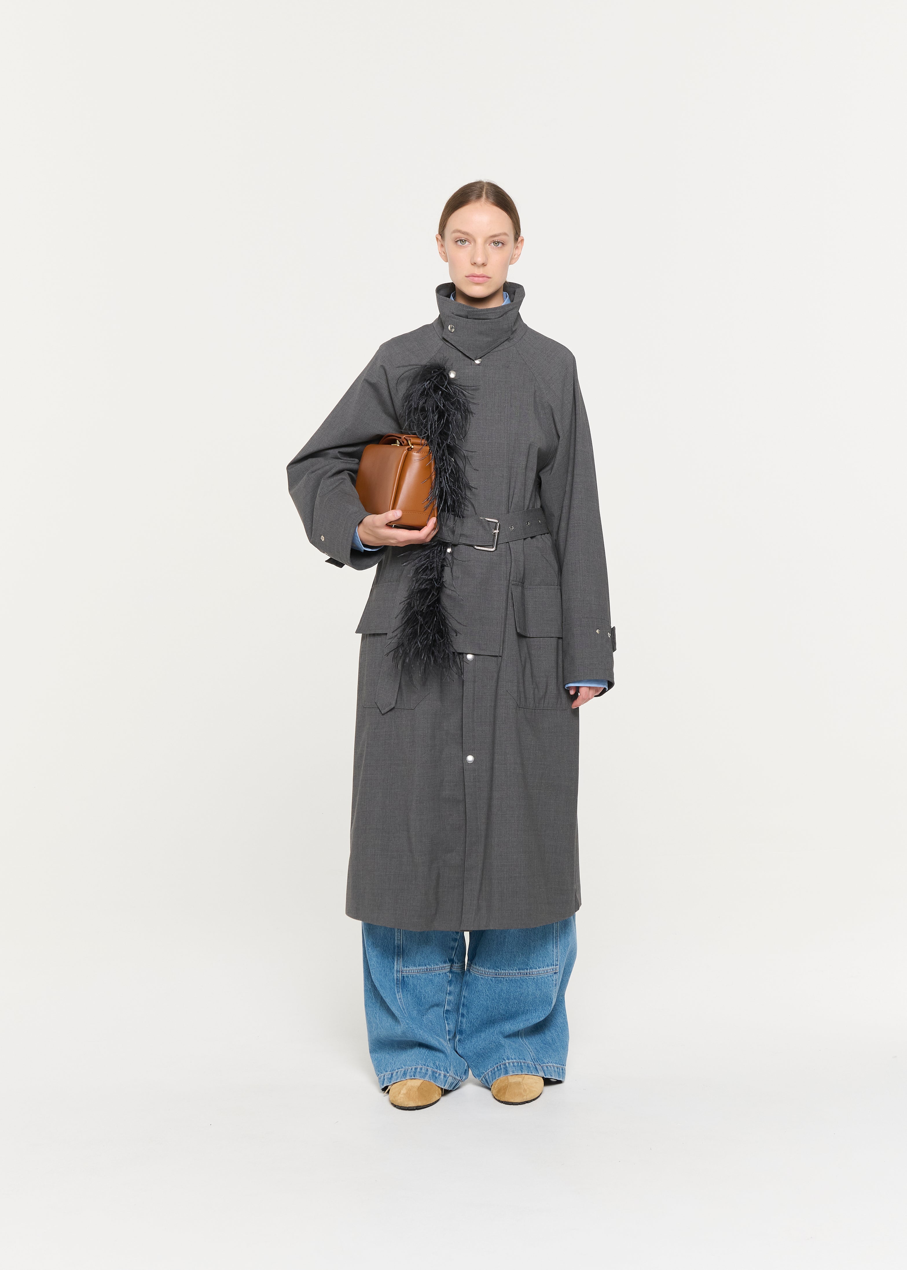 GREY MELANGE BELTED TRENCH COAT