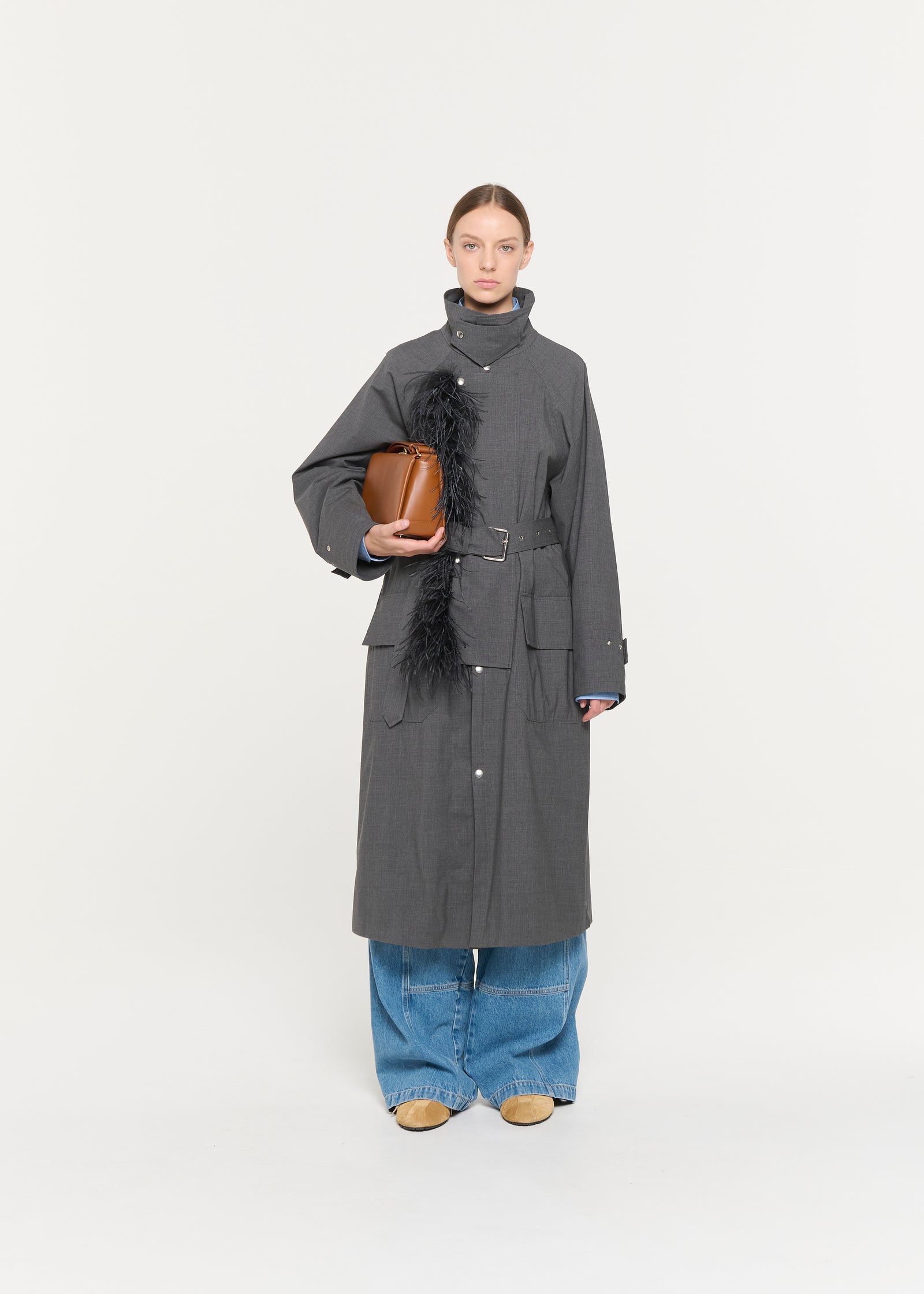 GREY MELANGE BELTED TRENCH COAT