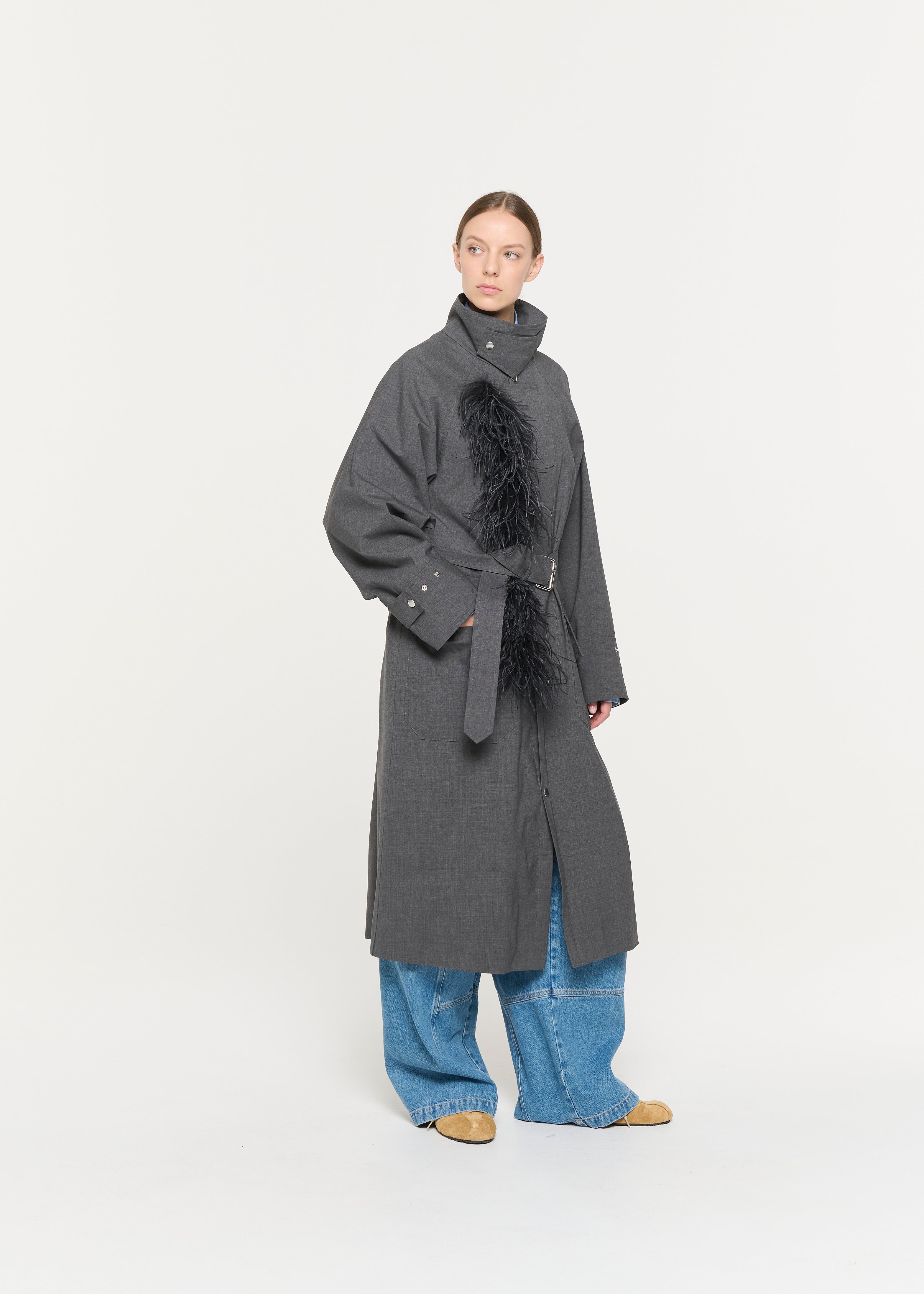 GREY MELANGE BELTED TRENCH COAT