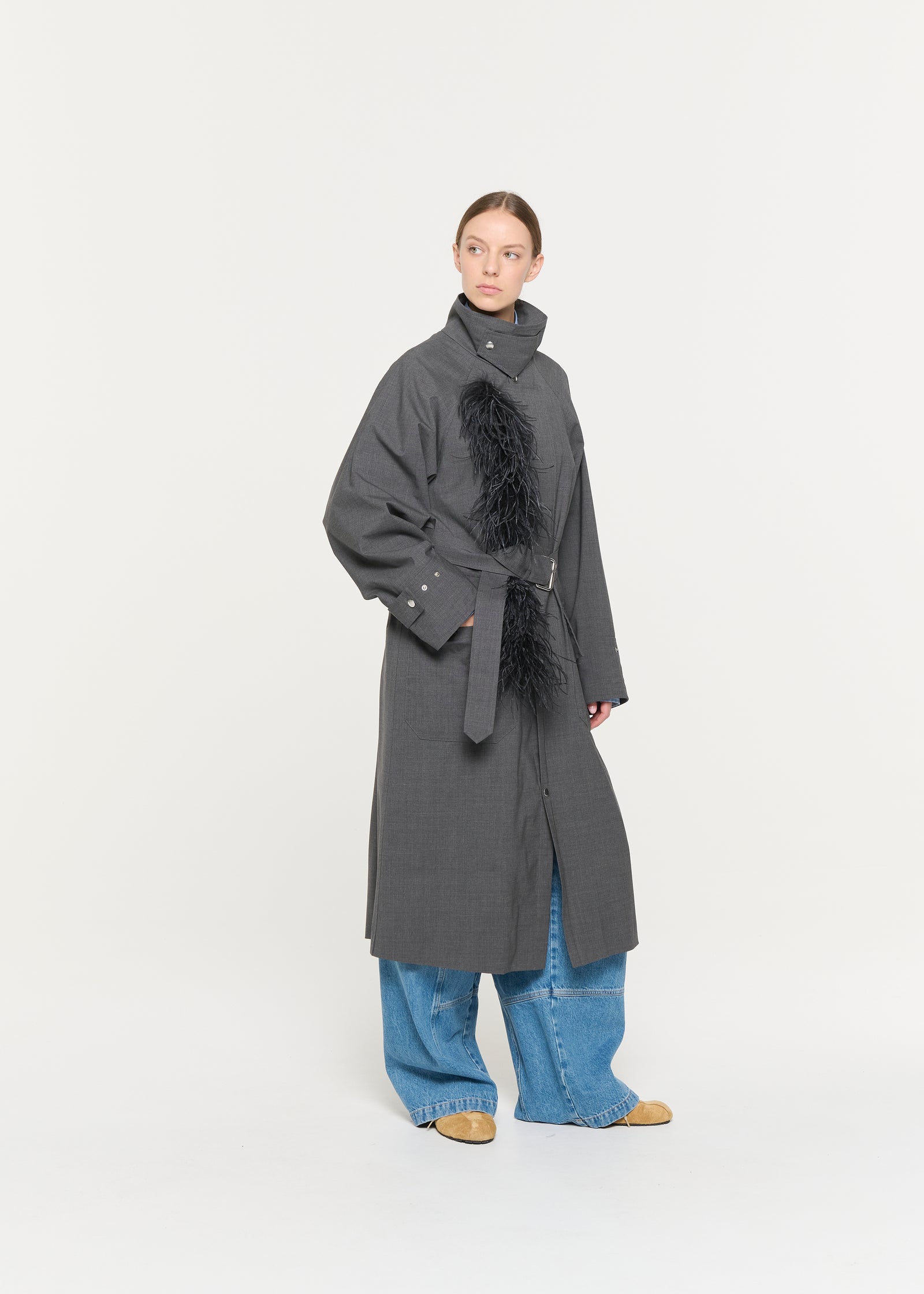 GREY MELANGE BELTED TRENCH COAT