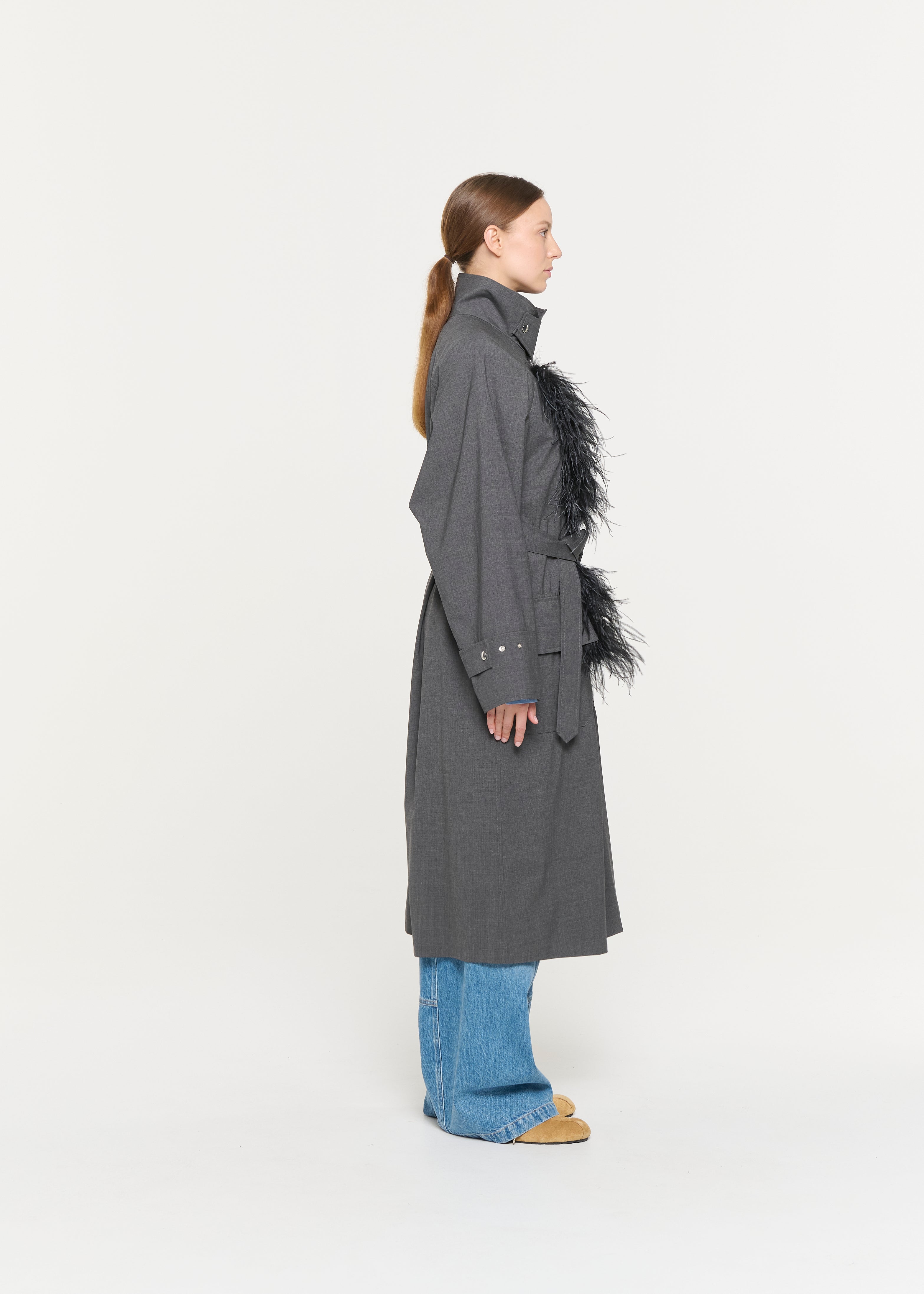 GREY MELANGE BELTED TRENCH COAT