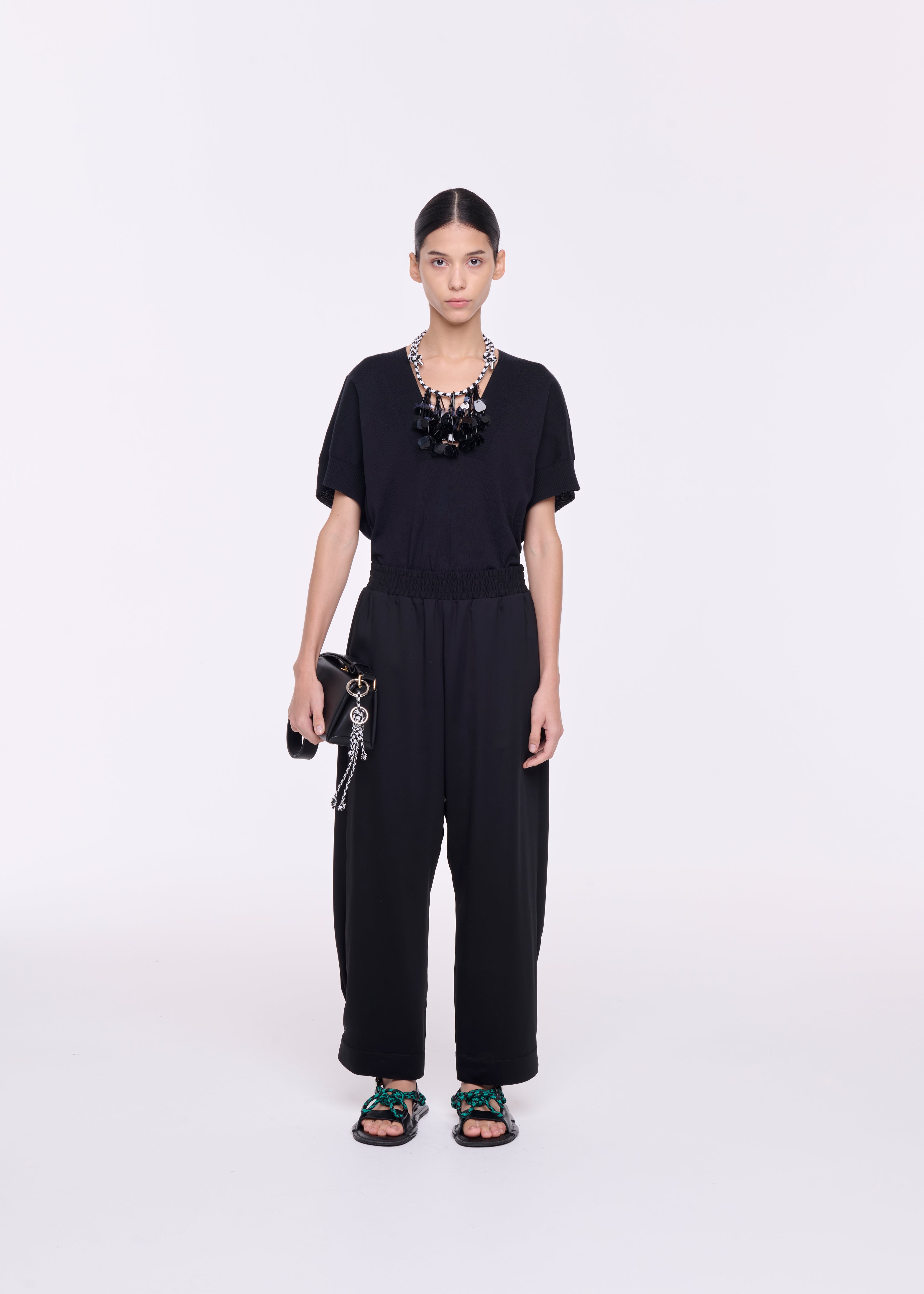 ELASTICATED BLACK VISCOSE PANTS