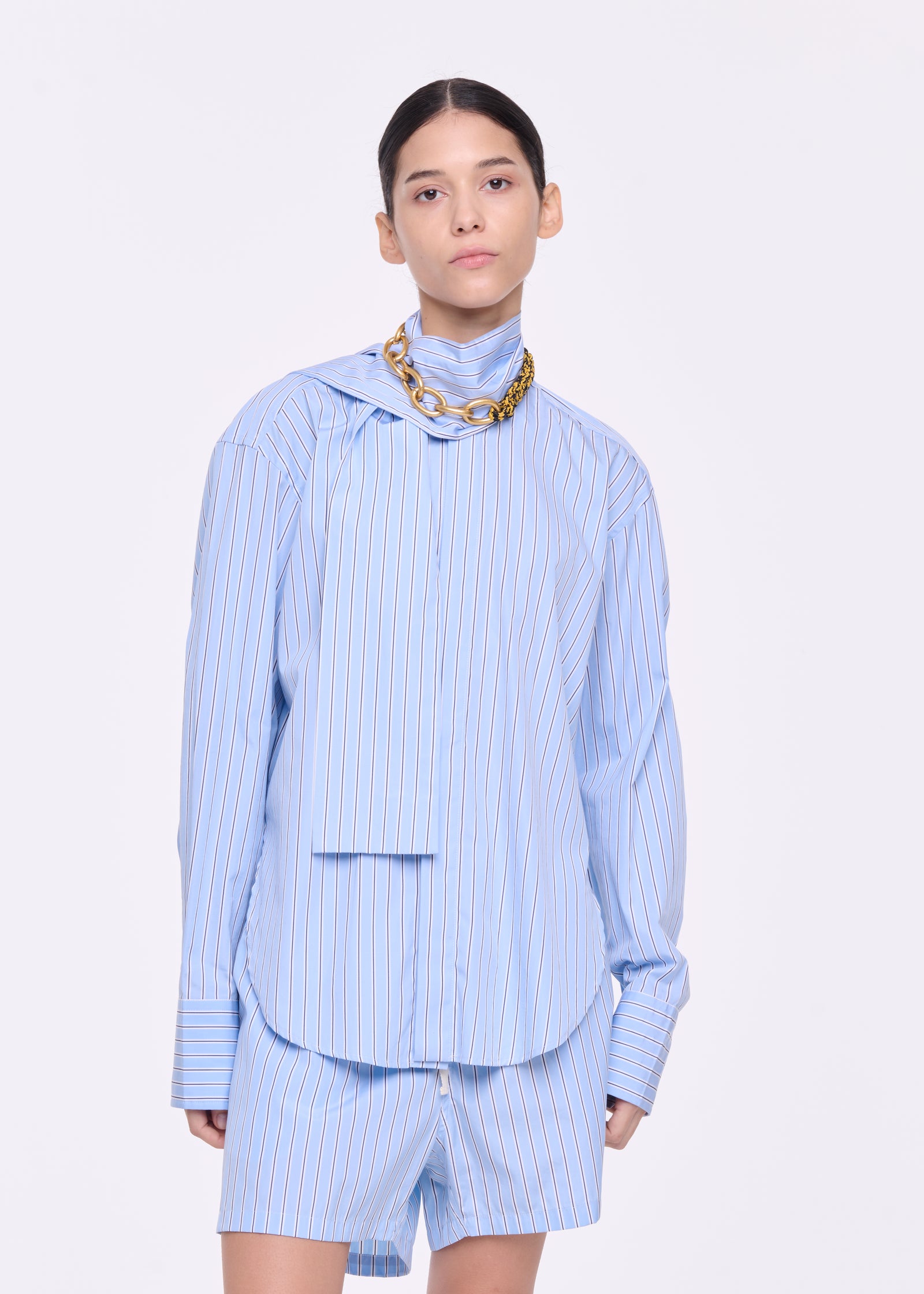 LIGHT BLUE STRIPED COTTON SHIRT WITH SCARF