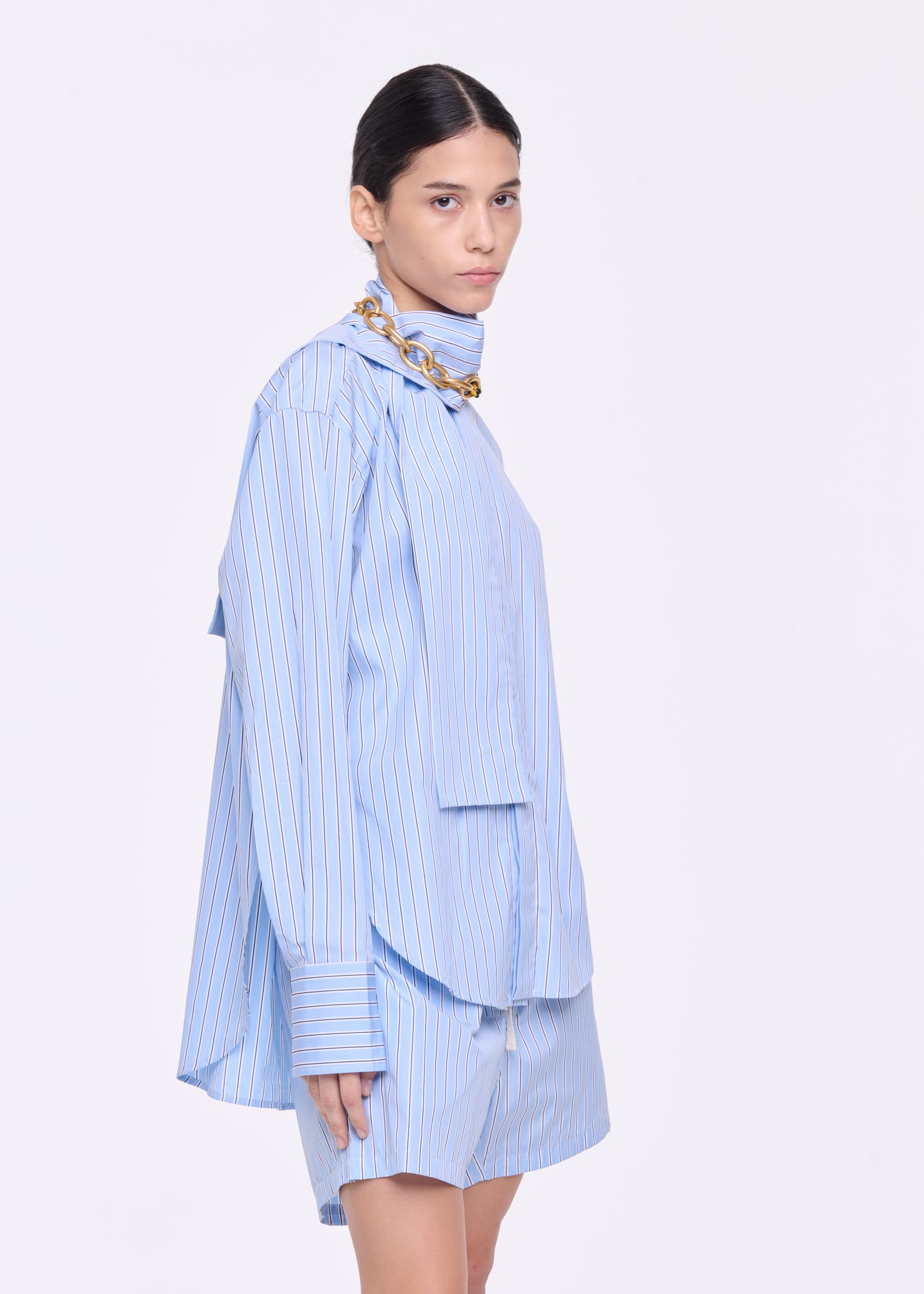 LIGHT BLUE STRIPED COTTON SHIRT WITH SCARF