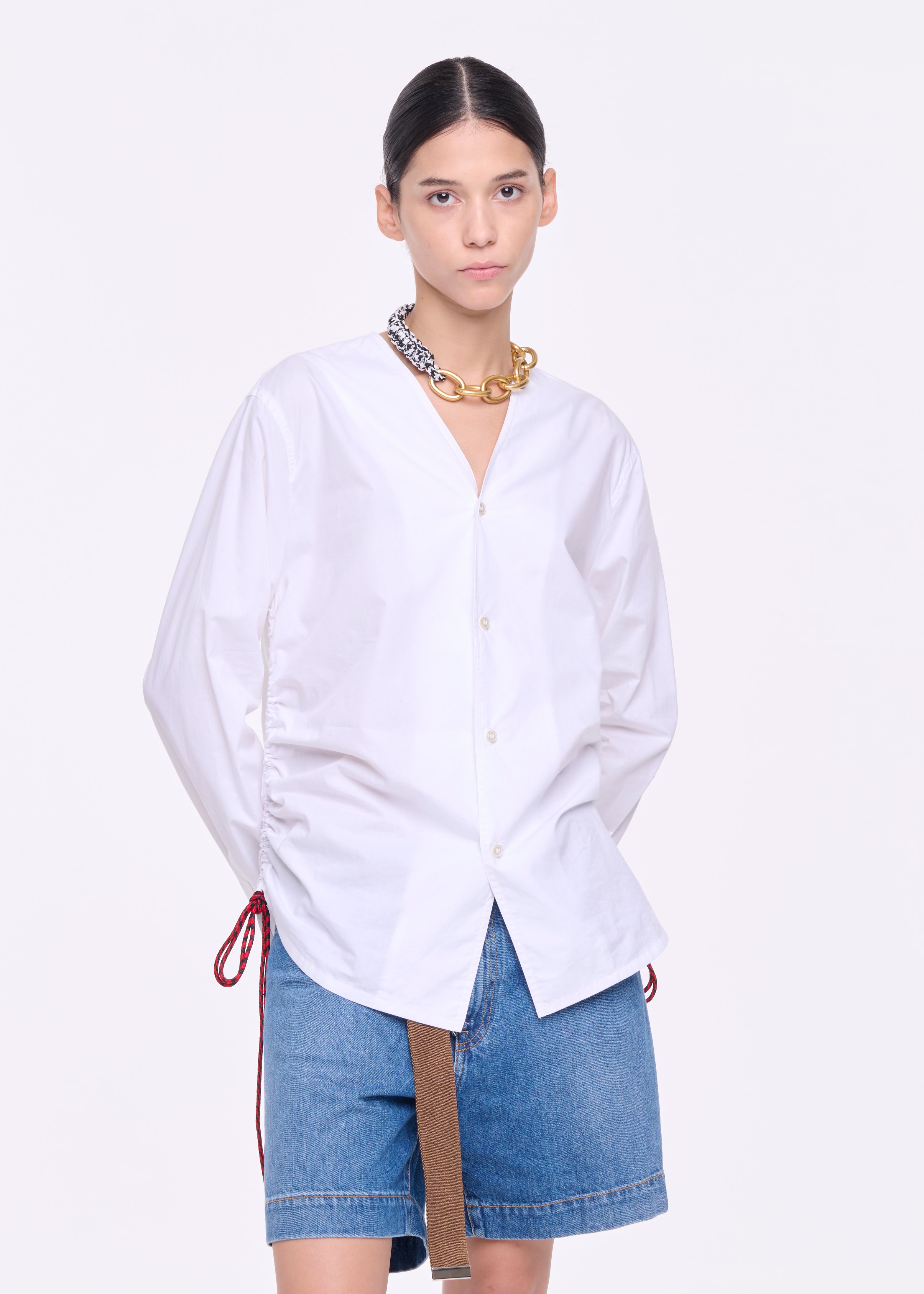 WHITE COTTON SHIRT WITH SIDE LANYARD