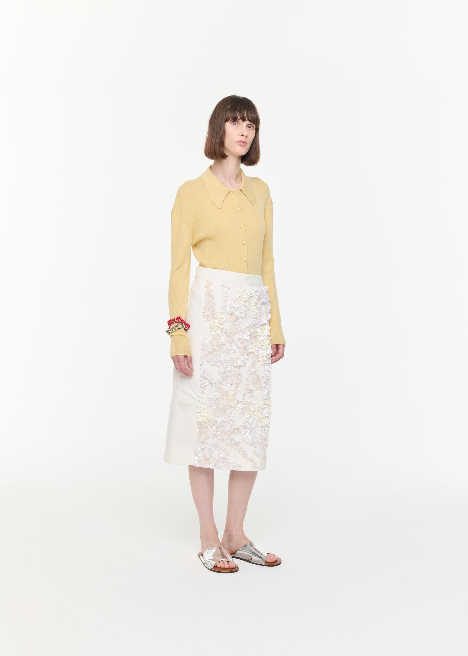 WHITE DRILL SKIRT WITH SEQUINS PANEL