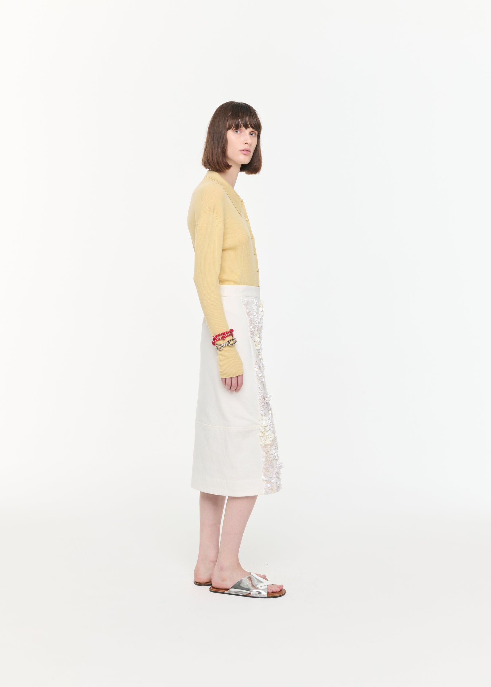 WHITE DRILL SKIRT WITH SEQUINS PANEL