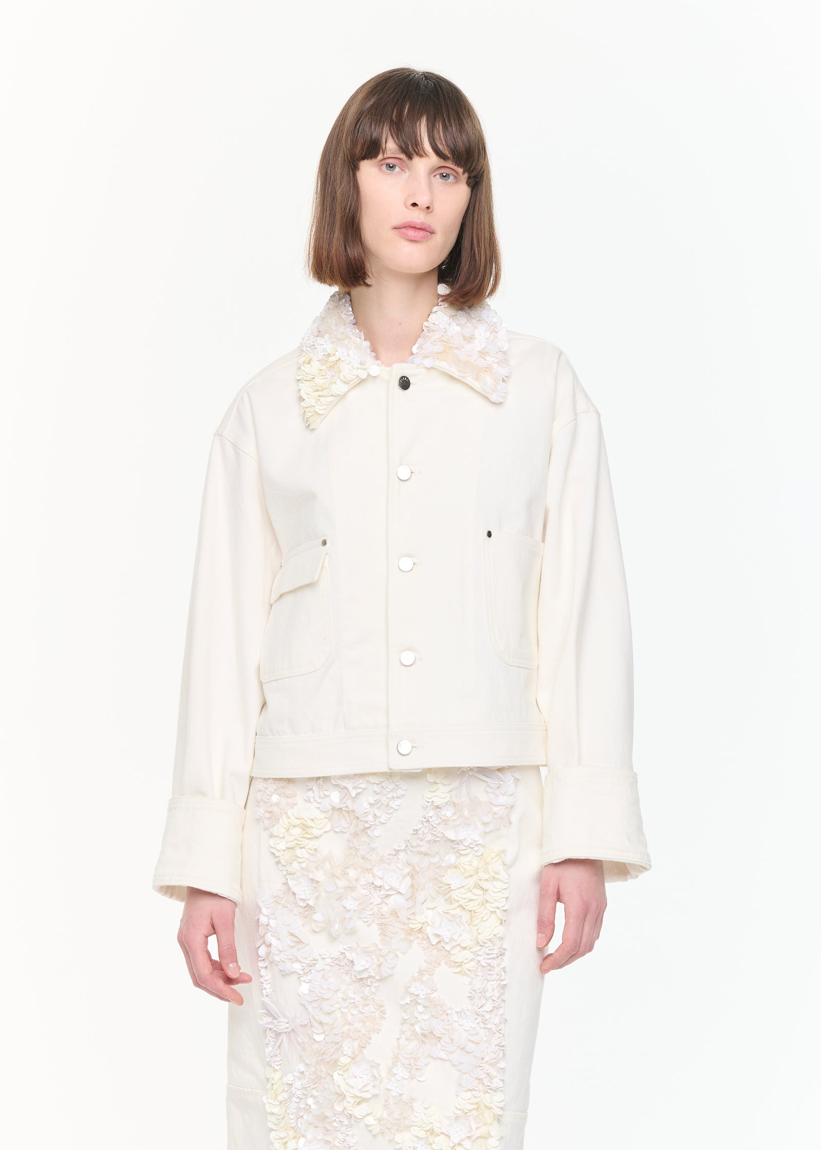 WHITE DRILL CROPPED JACKET