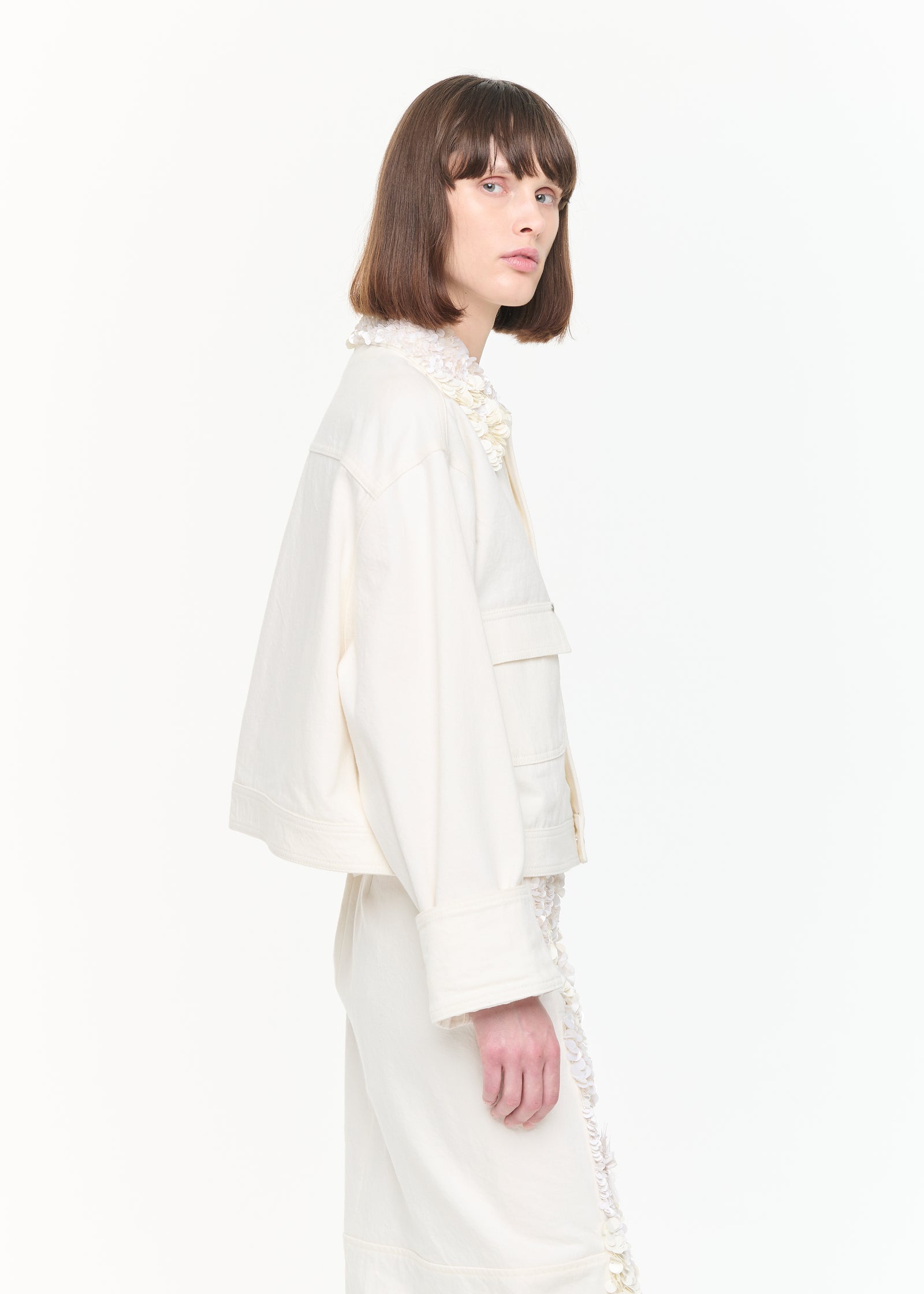 WHITE DRILL CROPPED JACKET