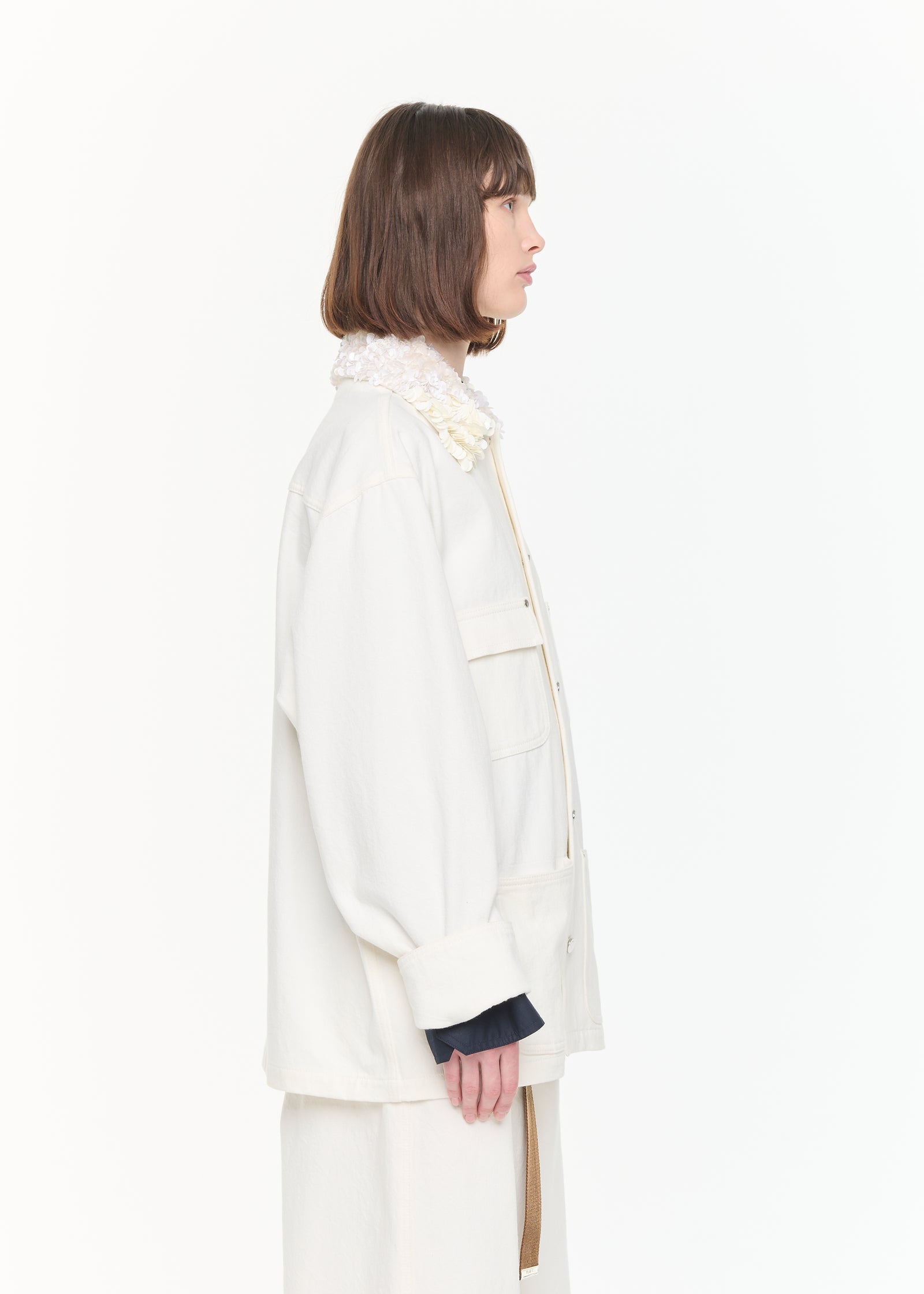 WHITE DRILL JACKET WITH SEQUINS