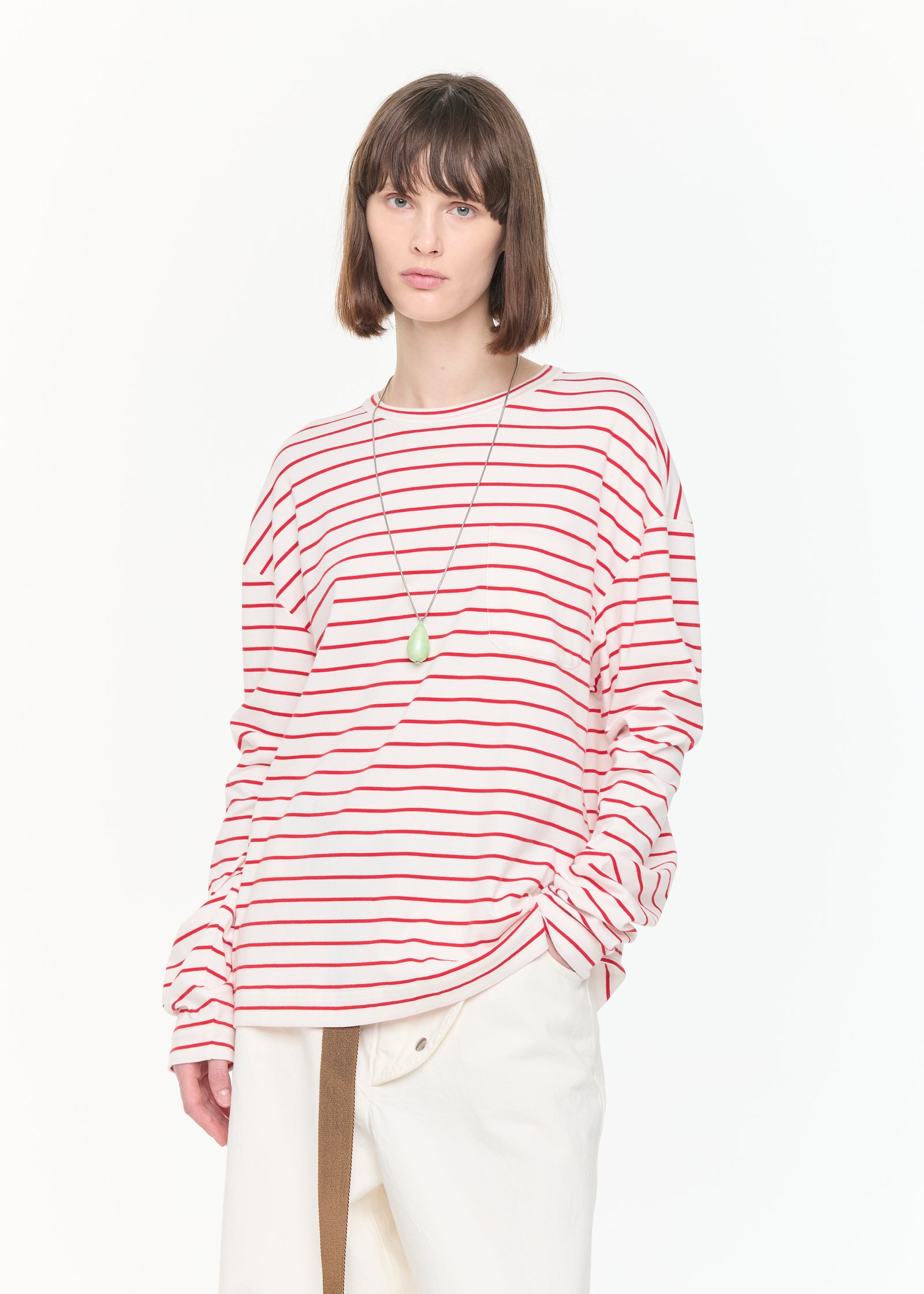 WHITE RED STRIPED LONG SLEEVED T-SHIRT