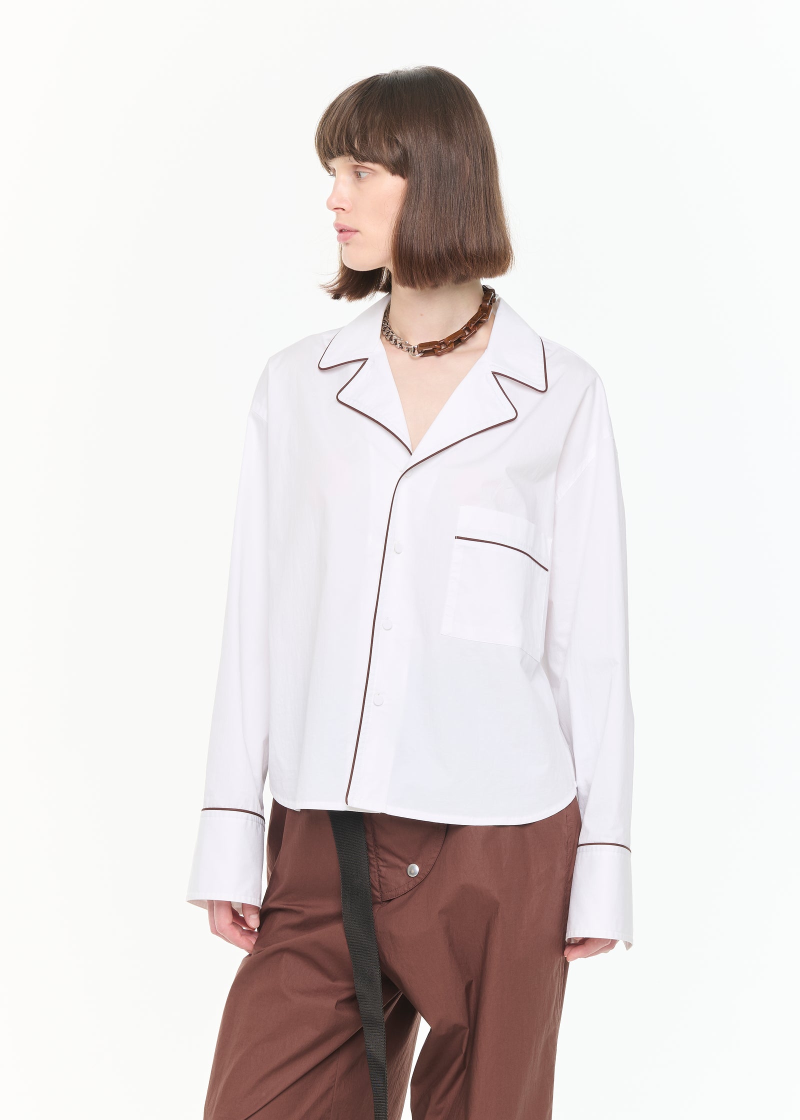 WHITE COTTON BOXY SHIRT WITH PIPING