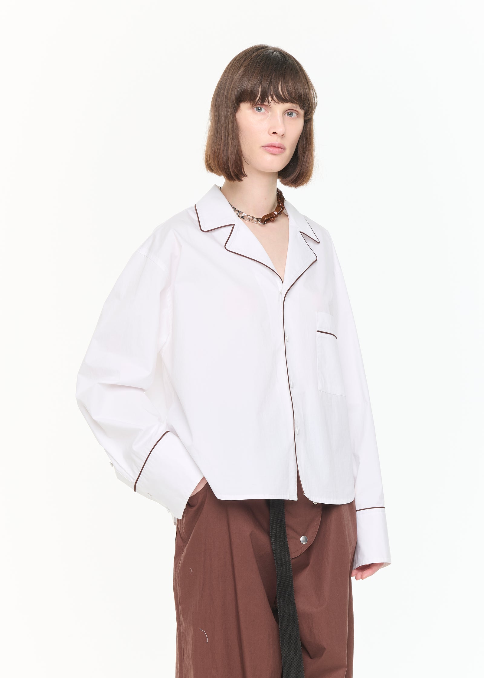 WHITE COTTON BOXY SHIRT WITH PIPING
