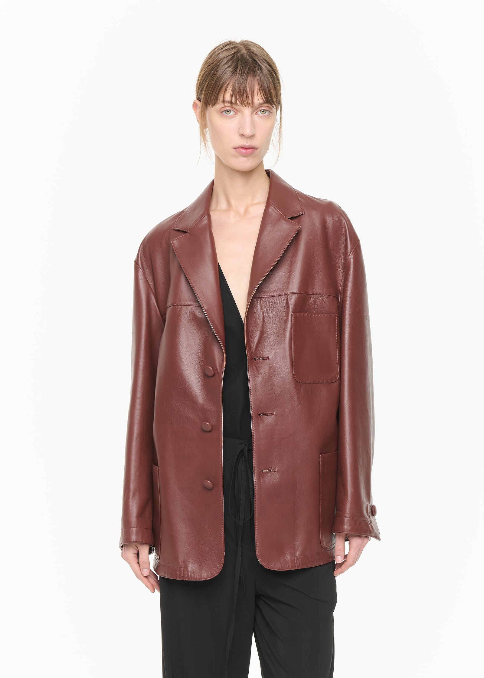 LEATHER BLAZER WITH INTARSIA