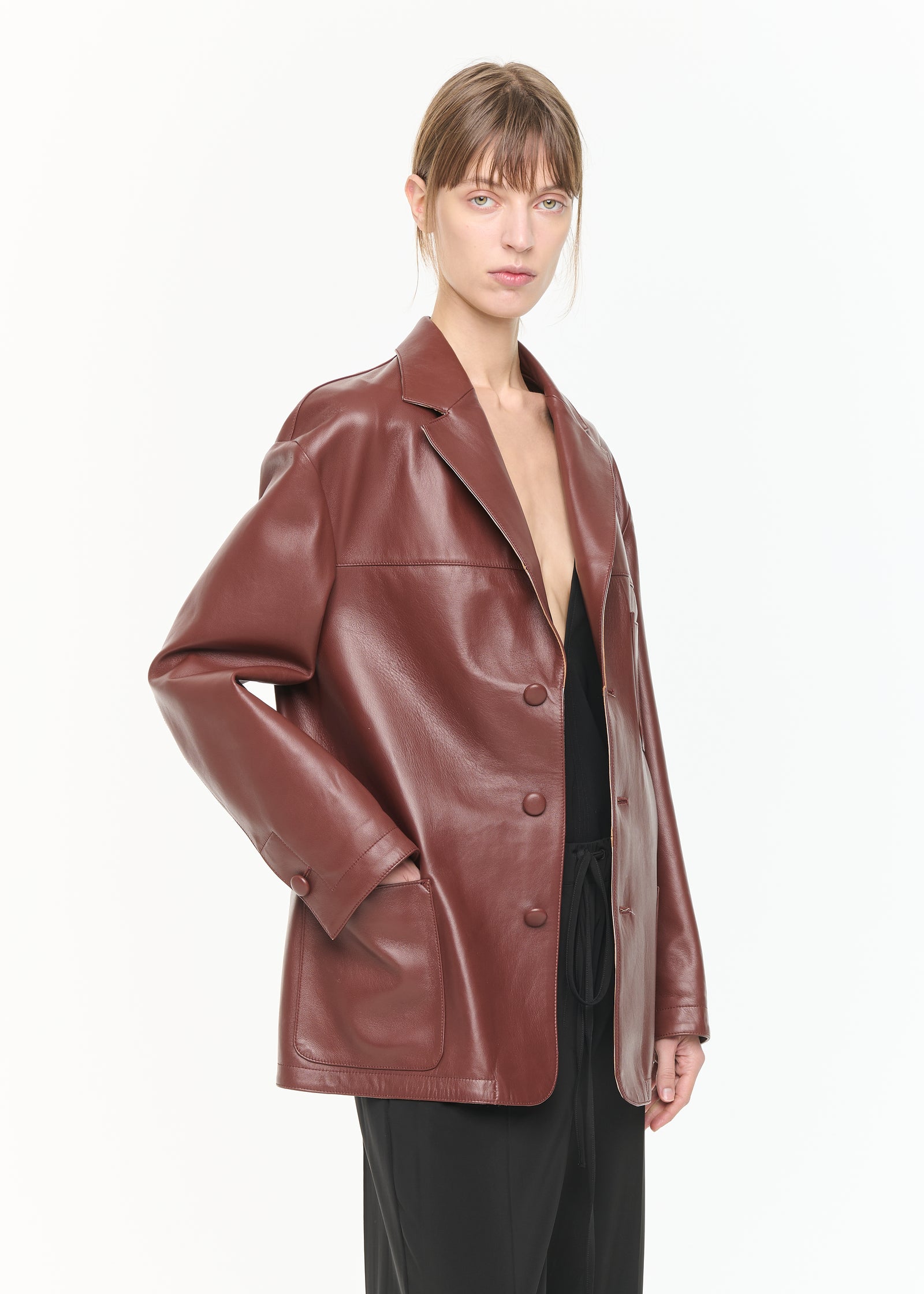 LEATHER BLAZER WITH INTARSIA