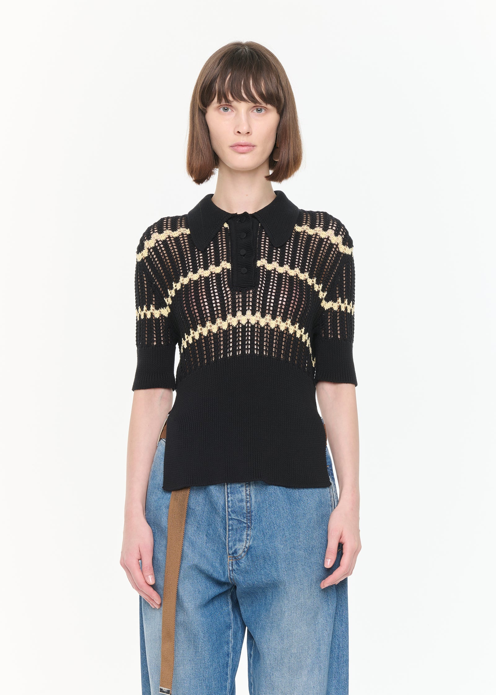 BLACK POLO KNIT WITH YELLOW STRIPES