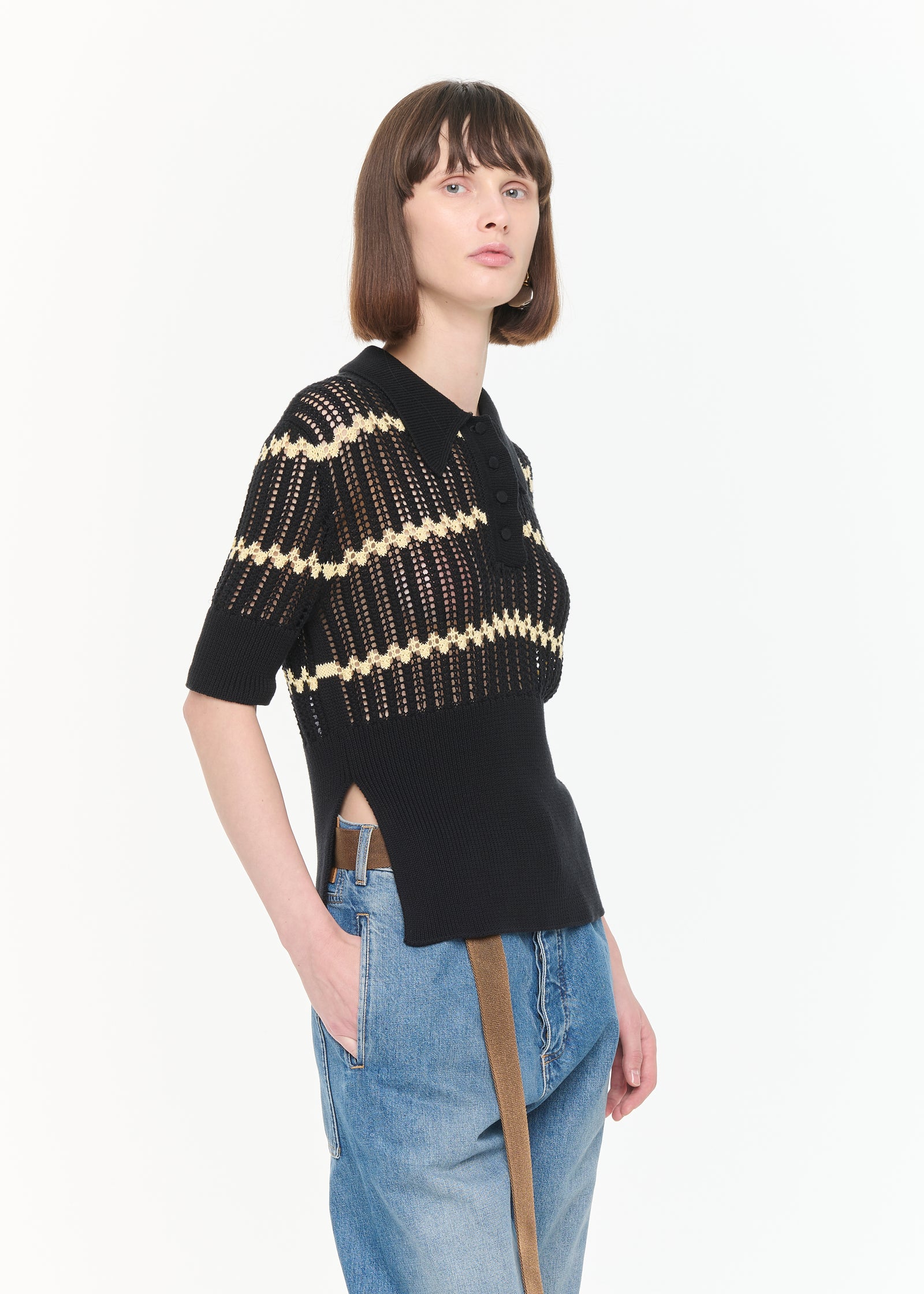 BLACK POLO KNIT WITH YELLOW STRIPES