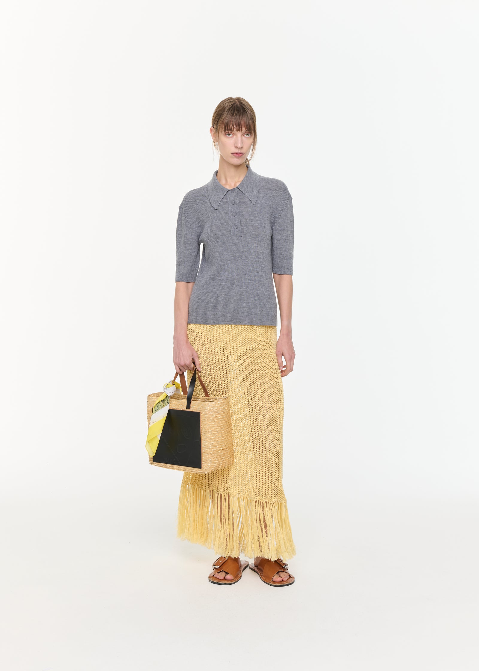 GONNA LUNGA IN LINO GIALLO CON FRANGE