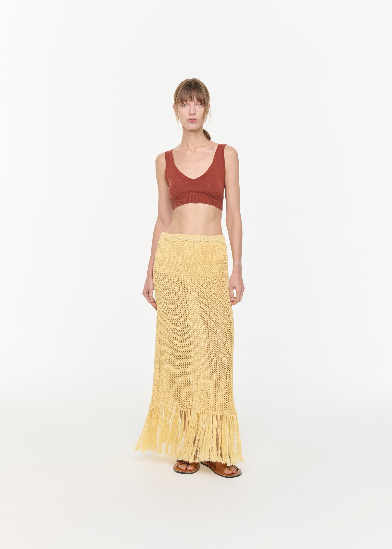 GONNA LUNGA IN LINO GIALLO CON FRANGE