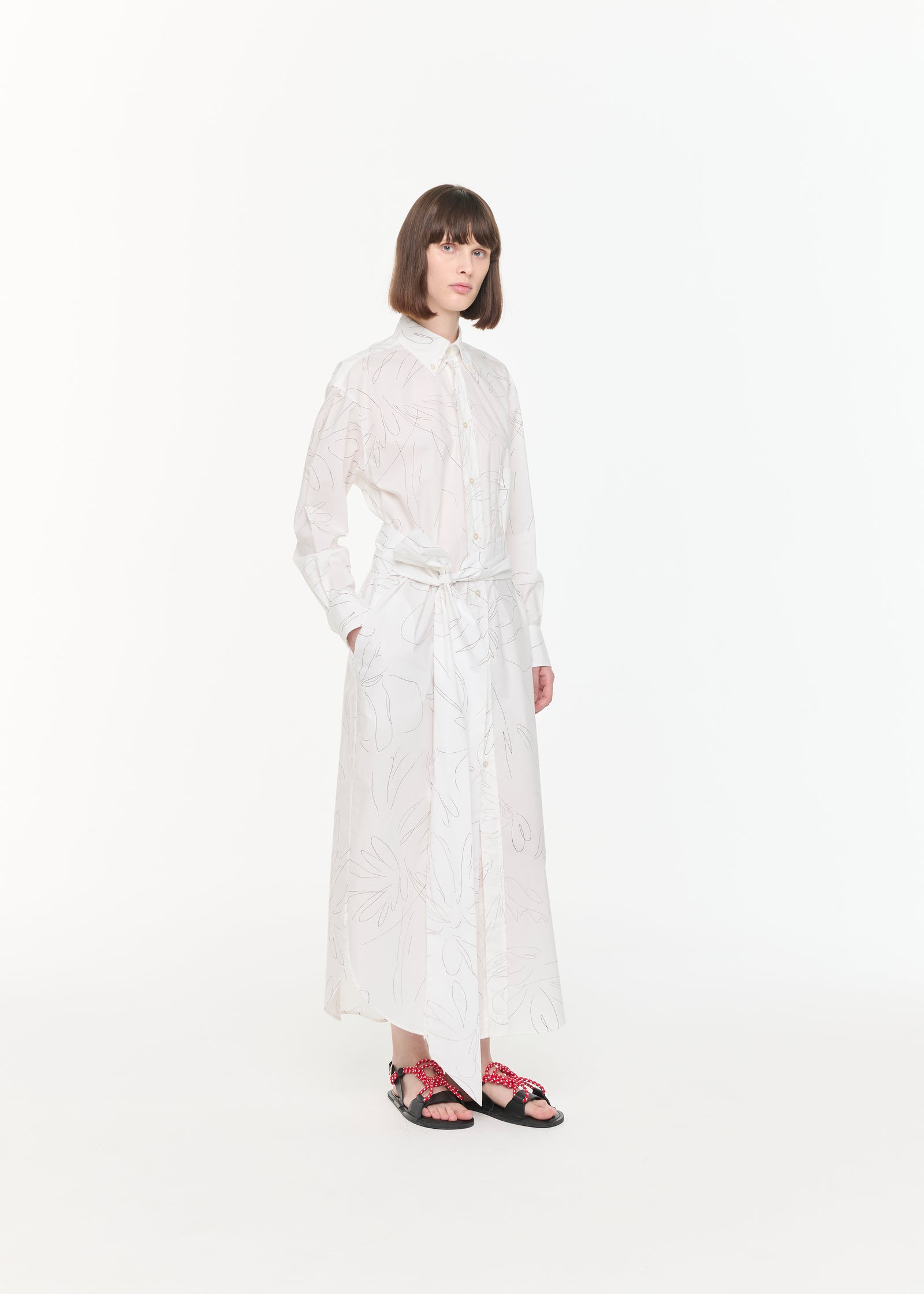 FLOWER PRINT WHITE SHIRT DRESS