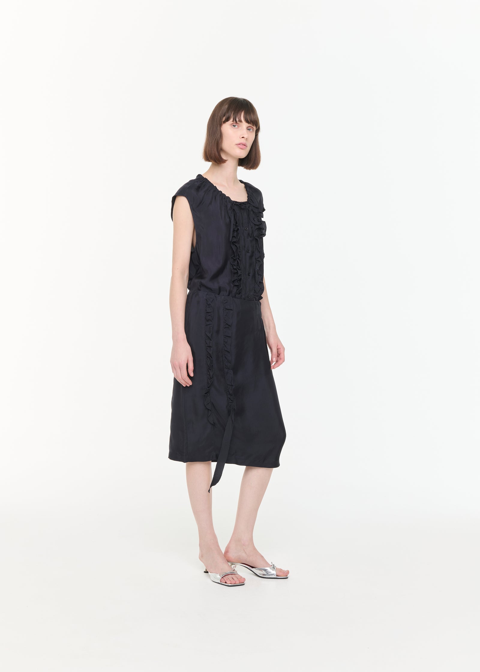 BLUE BLACK MIDI SKIRT WITH RUFFLES