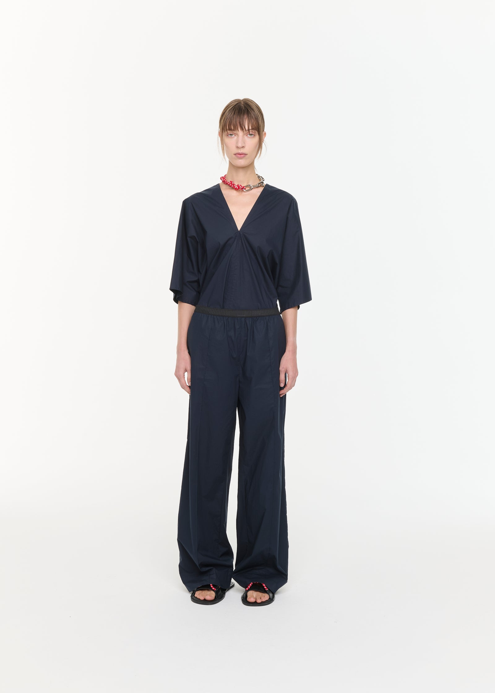 BLUE BLACK WIDE LEG TECHNICAL COTTON TROUSERS