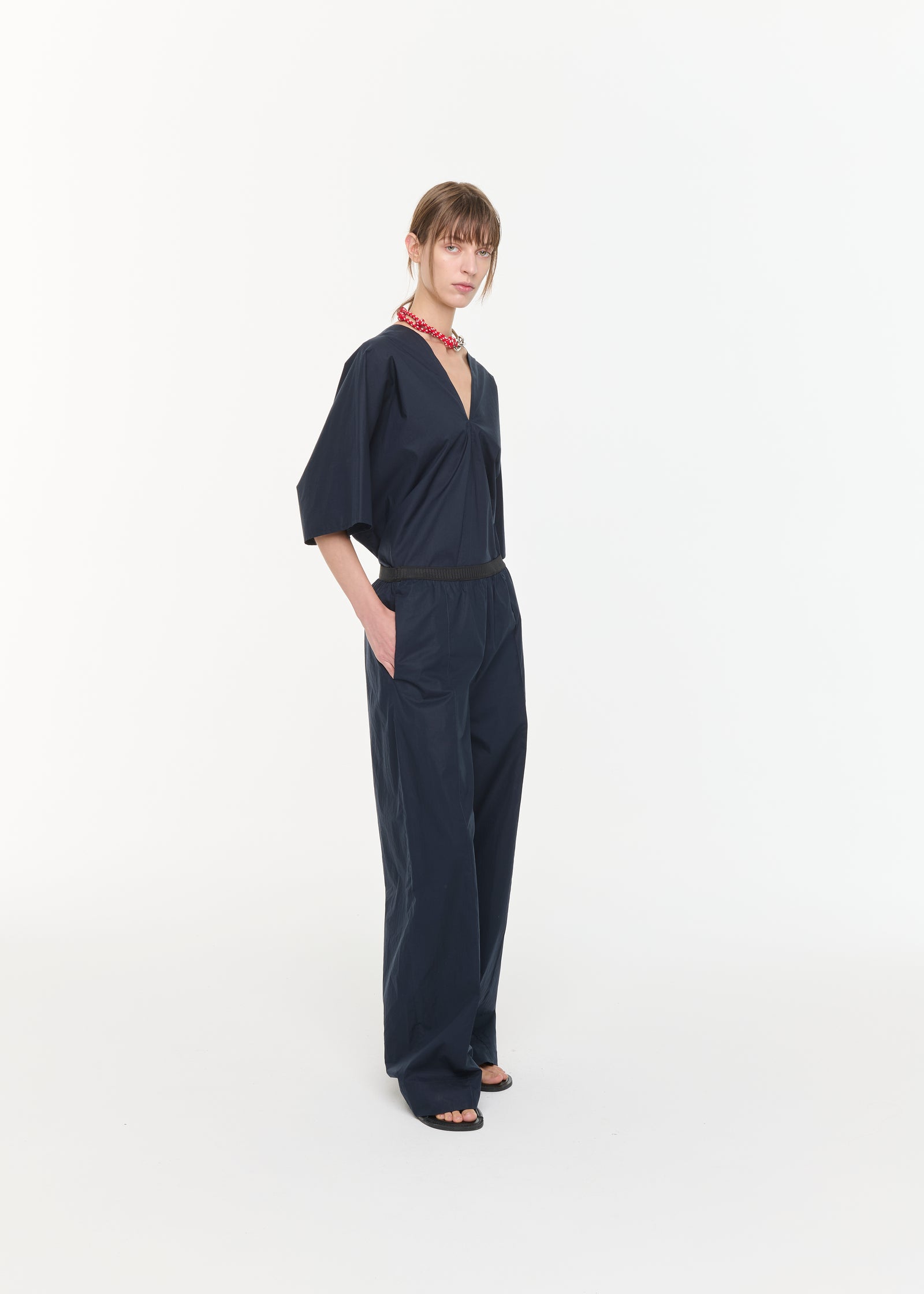 BLUE BLACK WIDE LEG TECHNICAL COTTON TROUSERS