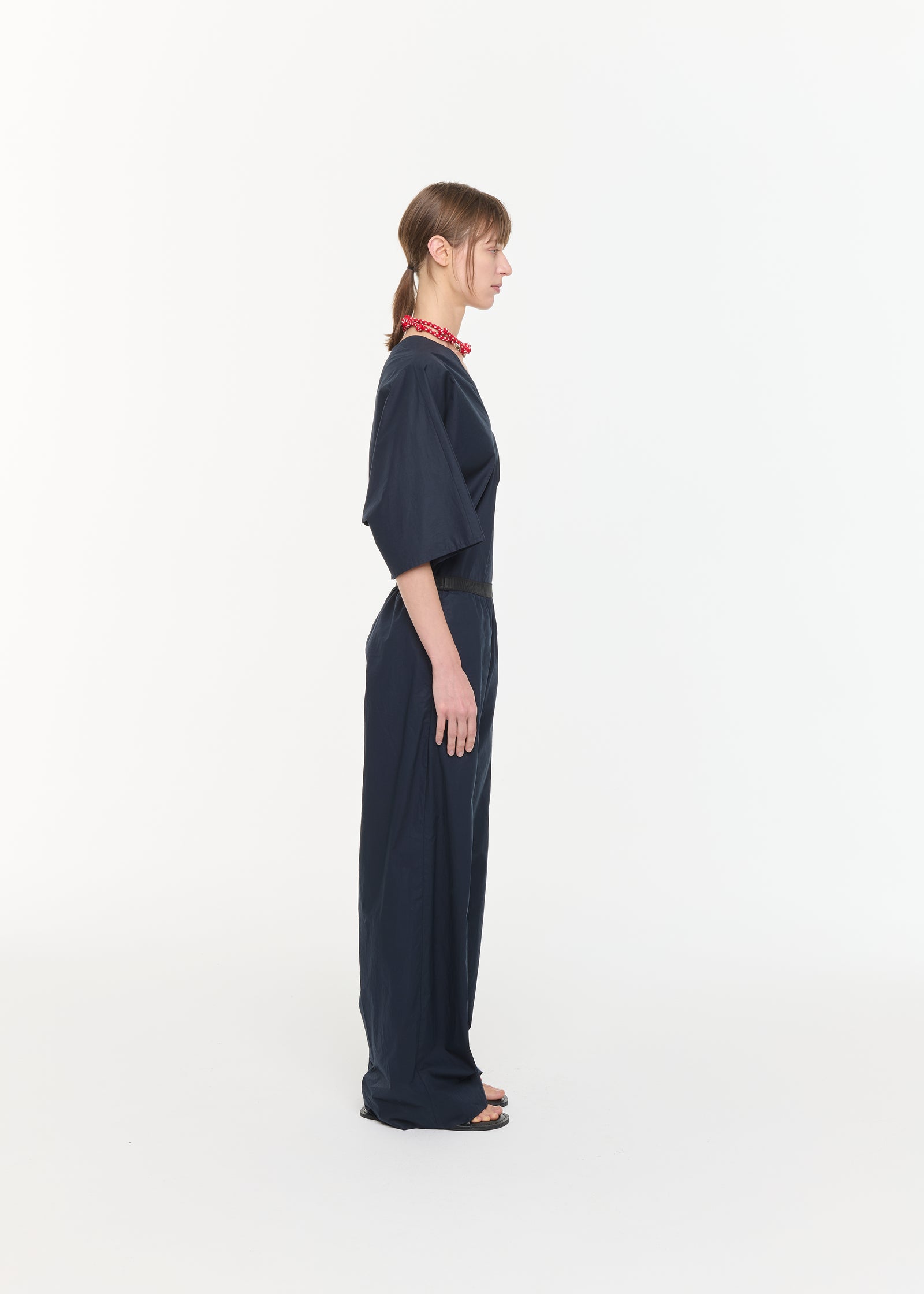 BLUE BLACK WIDE LEG TECHNICAL COTTON TROUSERS
