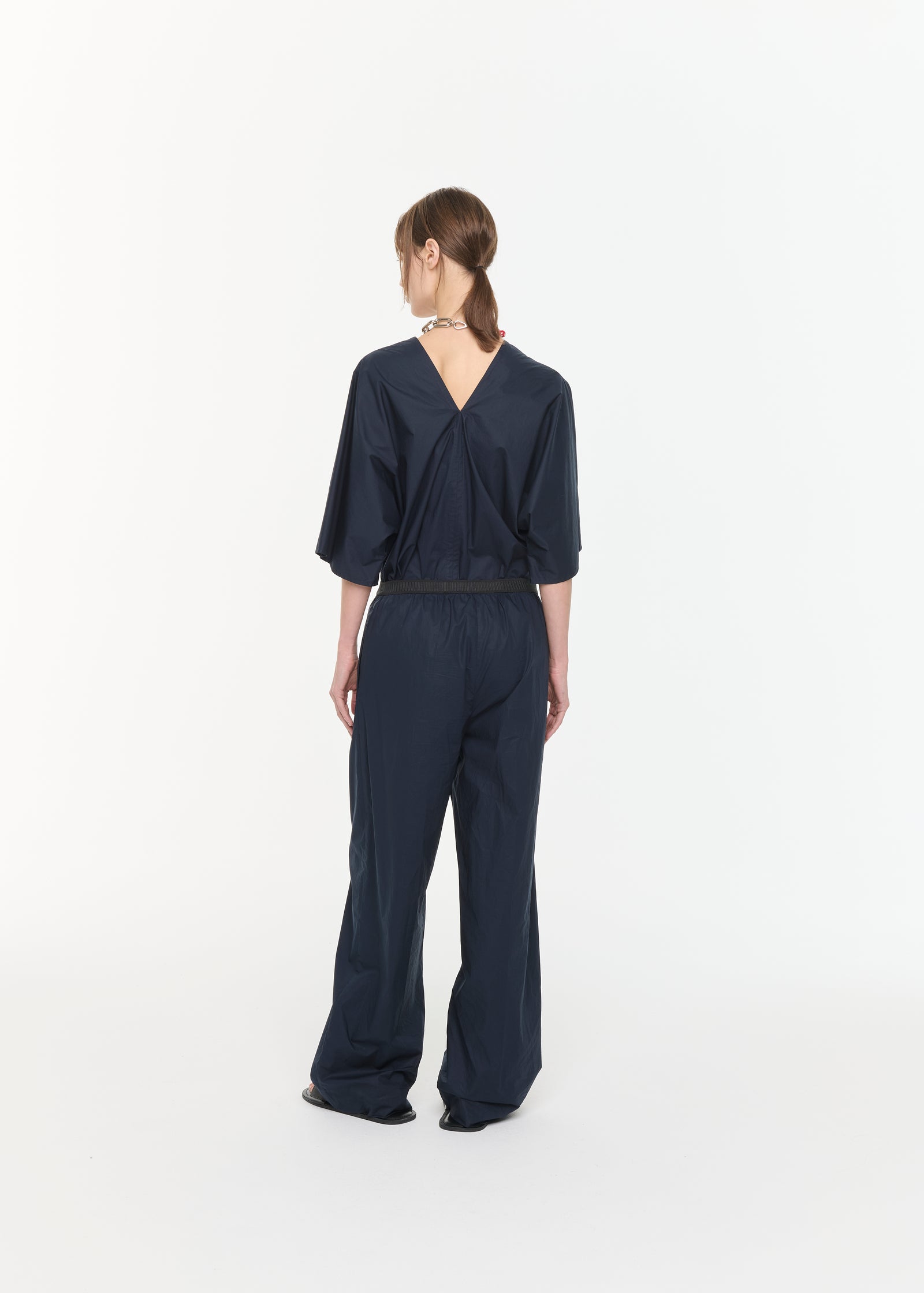 BLUE BLACK WIDE LEG TECHNICAL COTTON TROUSERS
