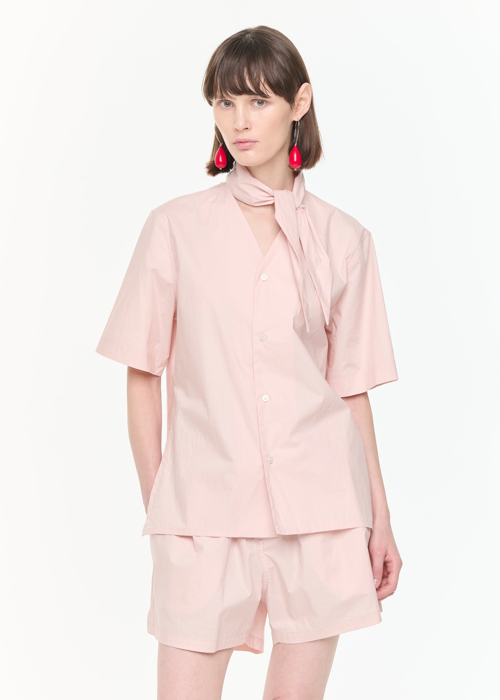 CAMICIA IN COTONE CON SCOLLO A V ROSA BABY