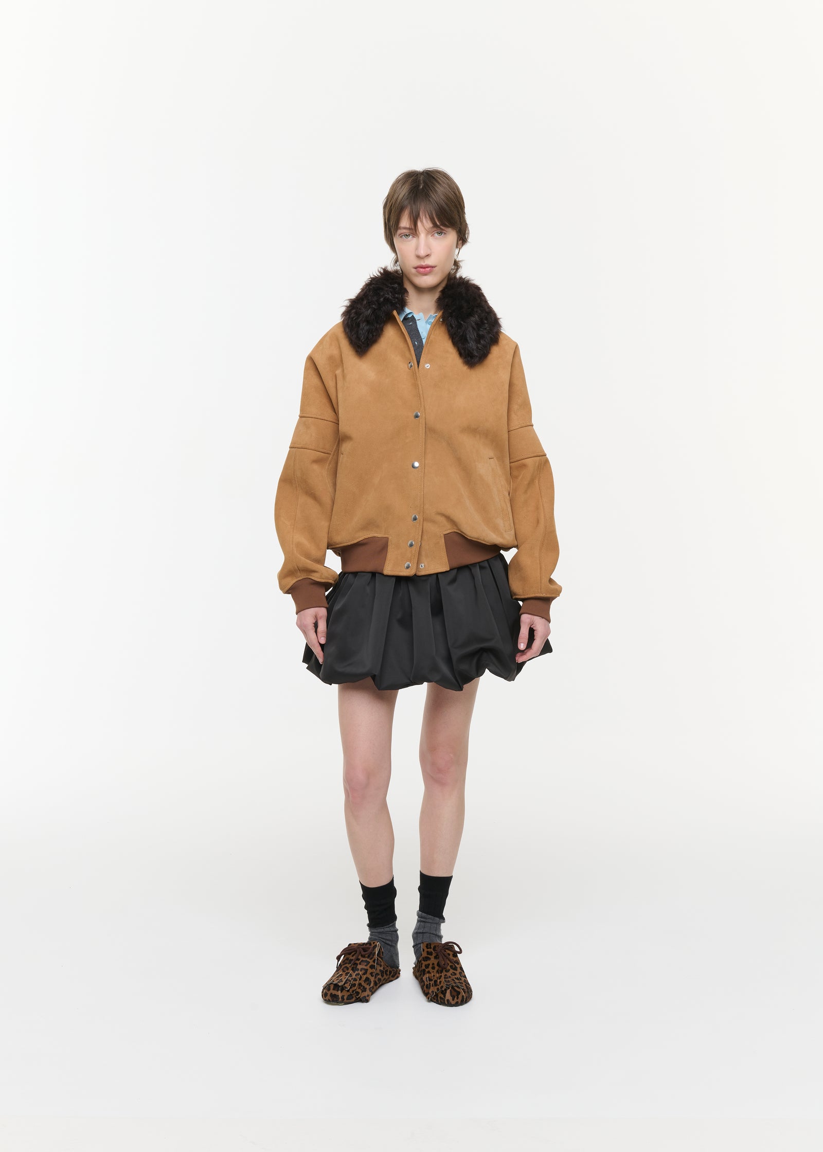 SUEDE BOMBER JACKET WITH DETACHABLE COLLAR