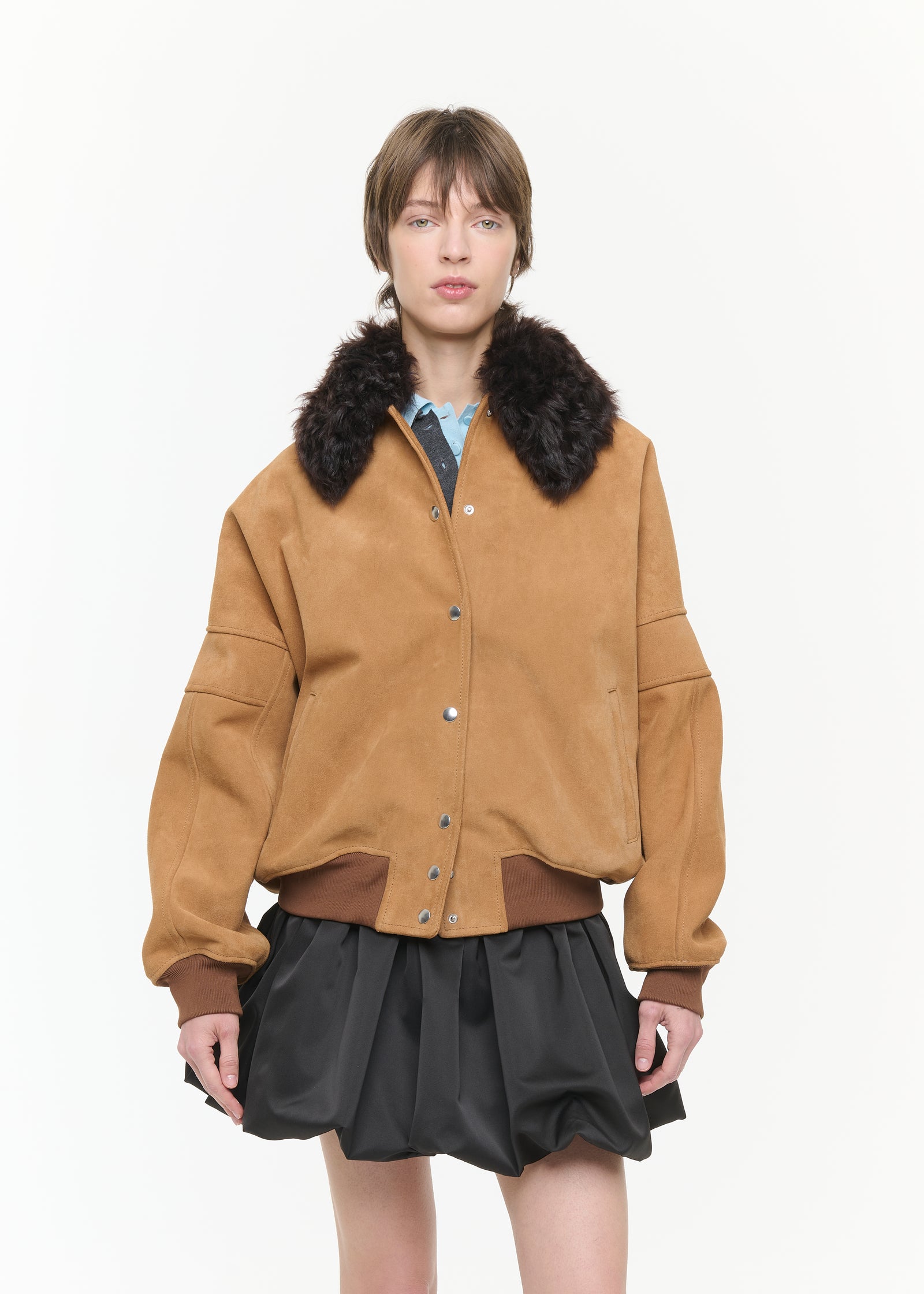 SUEDE BOMBER JACKET WITH DETACHABLE COLLAR
